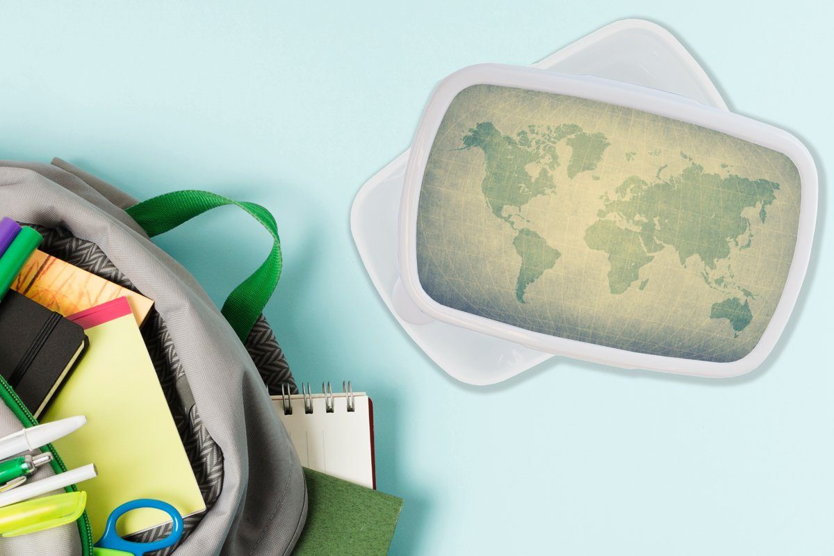 MuchoWow Lunchbox Weltkarte - Globus weiß - Erwachsene, - Grün Mädchen und (2-tlg), Jungen Mädchen, Jungs für Kunststoff, und - für - Kinder Brotbox Kinder Brotdose