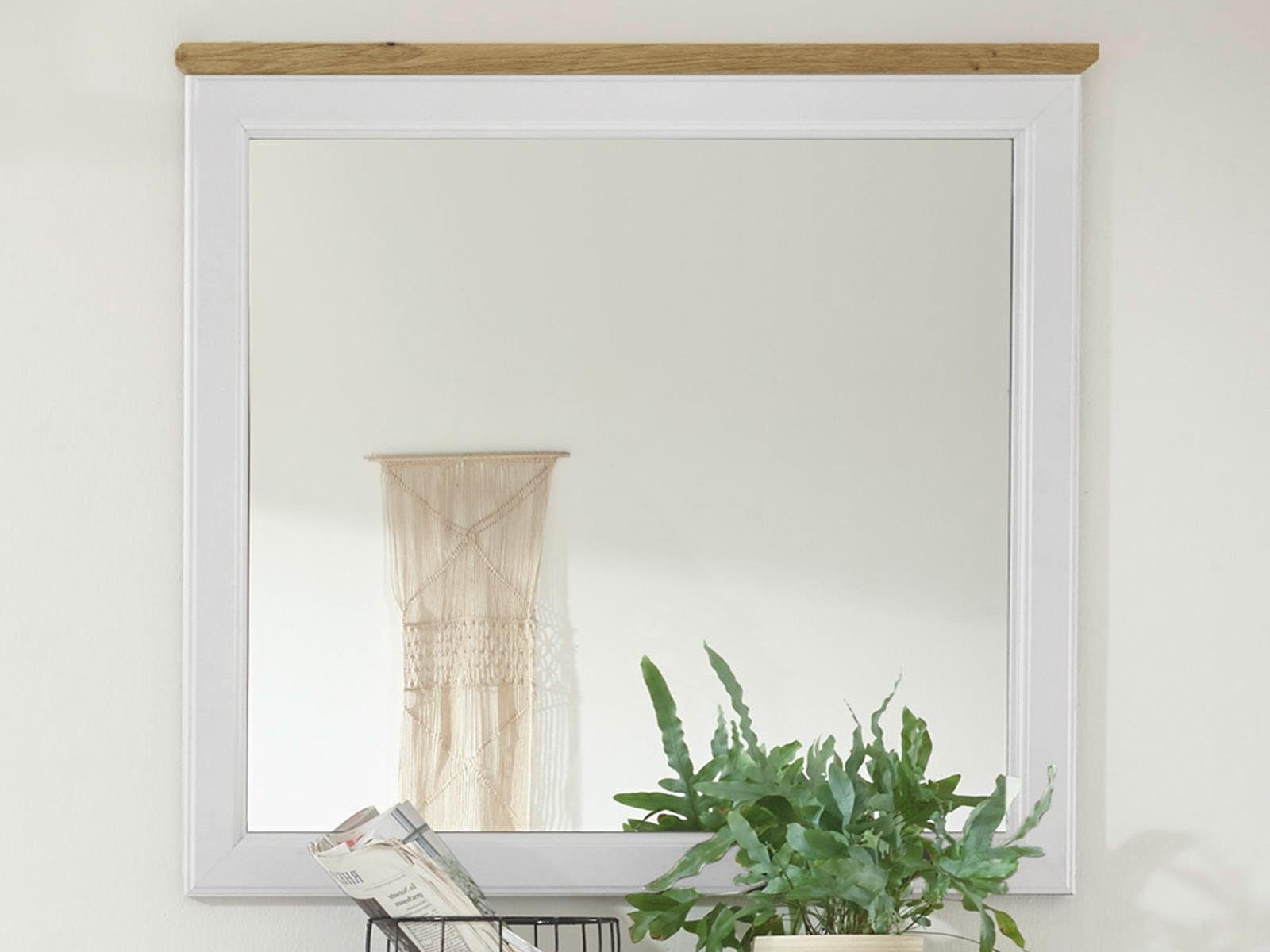 möbelando Wandspiegel Tomlin, Spiegel im modernen Landhausstil aus Spanplatte in Weiß. Oberboden in Artisan Eiche Nachbildung. Breite 98 cm, Höhe 91 cm, Tiefe 3,5 cm