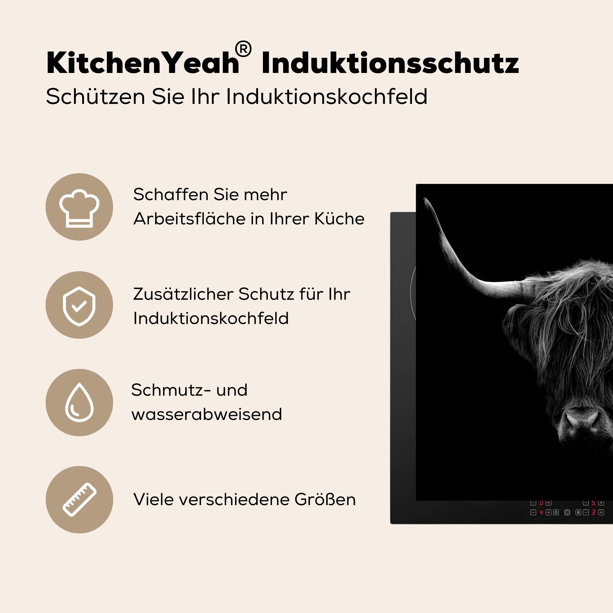 Dekoration - - 58x51 Hörner Schottischer für Küchen Induktionskochfeld - Wild Vinyl, - tlg), MuchoWow cm, Herdblende-/Abdeckplatte Tiere Highlander Induktionsherd, -, Schwarz Natur - (1