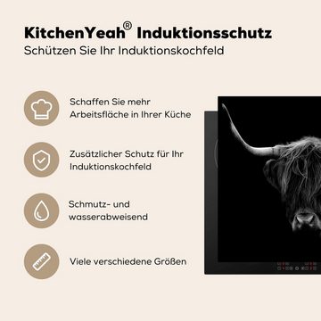 MuchoWow Herdblende-/Abdeckplatte Schottischer Highlander - Hörner - Schwarz - Tiere - Natur - Wild -, Vinyl, (1 tlg), 58x51 cm, Küchen Dekoration für Induktionsherd, Induktionskochfeld