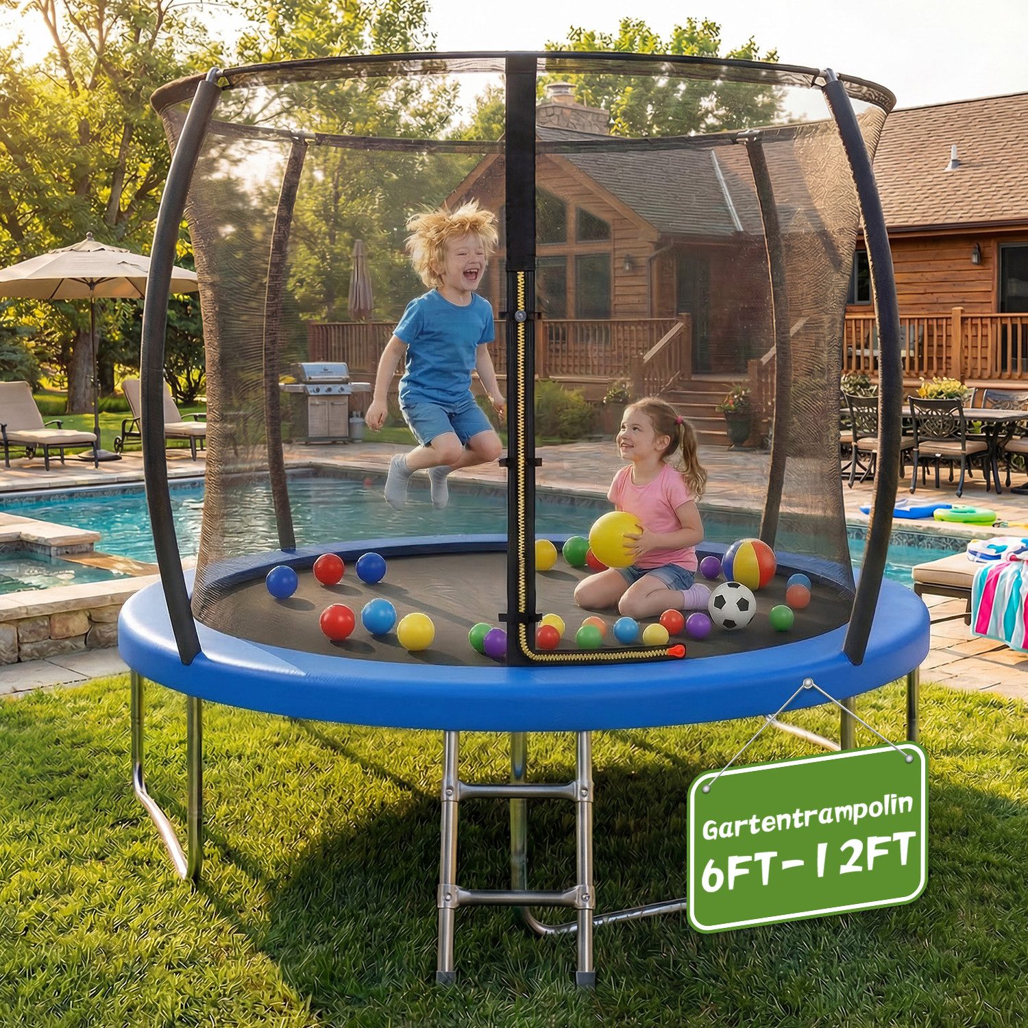 HOMALL Gartentrampolin Kindertrampolin Outdoor-Trampolin Durchmesser: 183/220/290/360 cm, Ø 220 cm, (Durchmesser 183 cm (mit Sicherheitsnetz und Schutzhaube, Tragkraft 50 kg/150 kg, 360°-Sicherheitsnetz, erhältlich in Schwarz/Blau/mehrfarbig) -ostern gesc