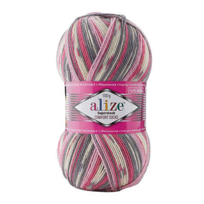 Alize 100g Sockenwolle Superwash Comfort Häkelwolle, 420 m, 7707 weiß grau rosa