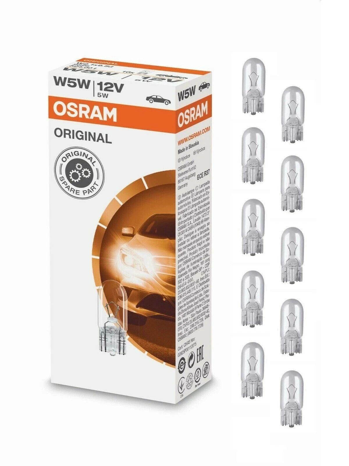 Osram KFZ-Ersatzleuchte W5W Standlicht T10 5W Glassockel Birne Original Lampen 2825 12V, W5W, 10 St., Warmweiß, Osram Original Line