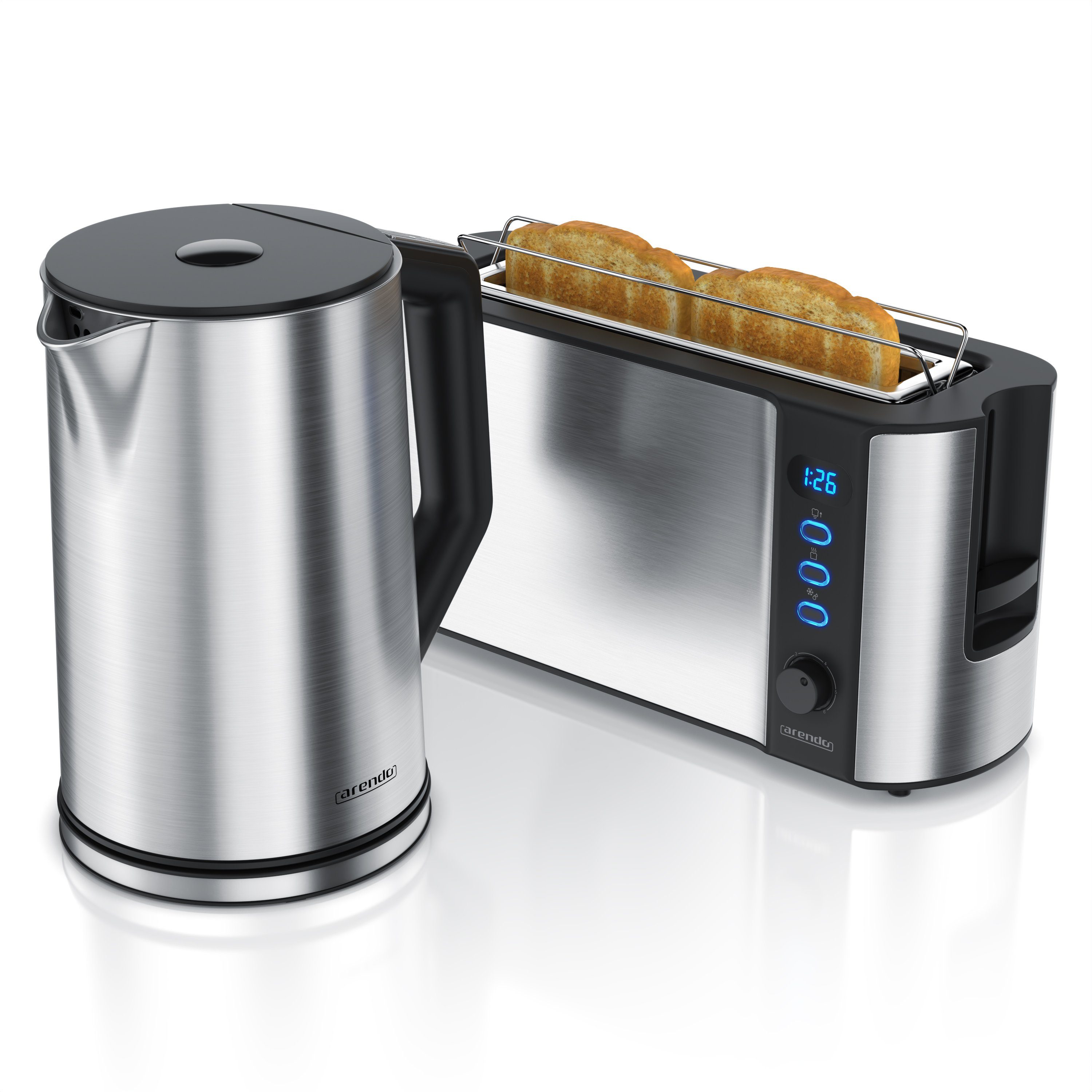 Arendo Frühstücks-Set Wasserkocher 1,5l & 2-Scheiben Langschlitz Toaster, Edelstahl, Silber (2-tlg), Wasserkocher mit Temperaturwahl, Toaster mit Brötchenaufsatz