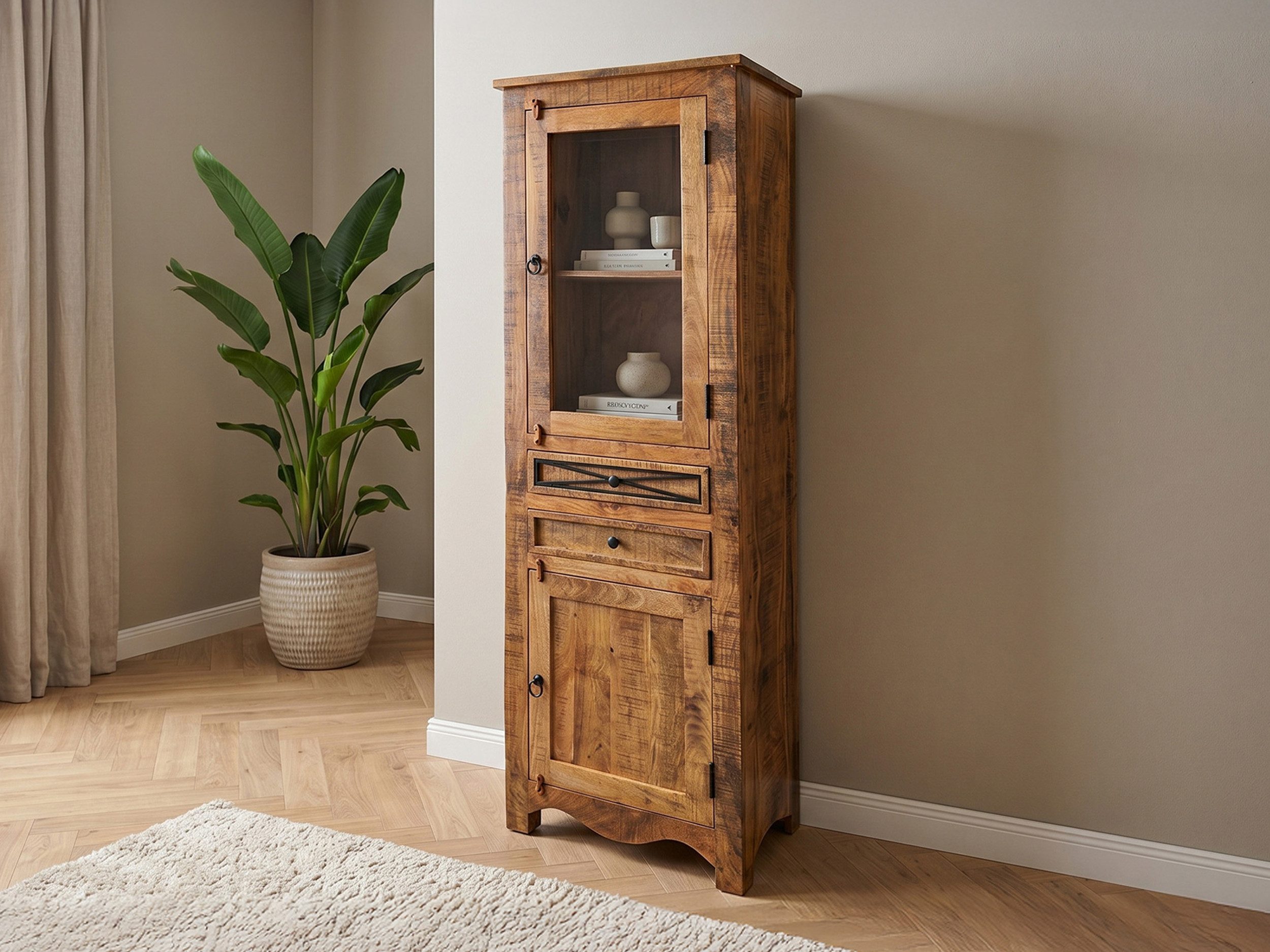 Massivart® Glasvitrine Vitrine, Höhe 190 cm, Massivholz Akazie lackiert »ACANO« montiert · 2 Türen · 2 Schubladen · Standvitrine