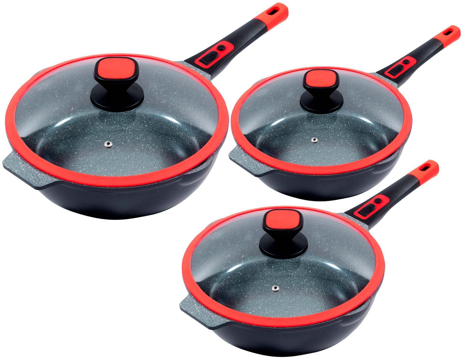 KING Pfannen-Set Click-Grip, Aluminiumguss (Set, 3-tlg., je 1 Pfanne Ø 24/28/32 cm, H: 7,5/8,5/9,5 cm, - 6/2,8/4 l), abnehmbarer Griff, Induktion