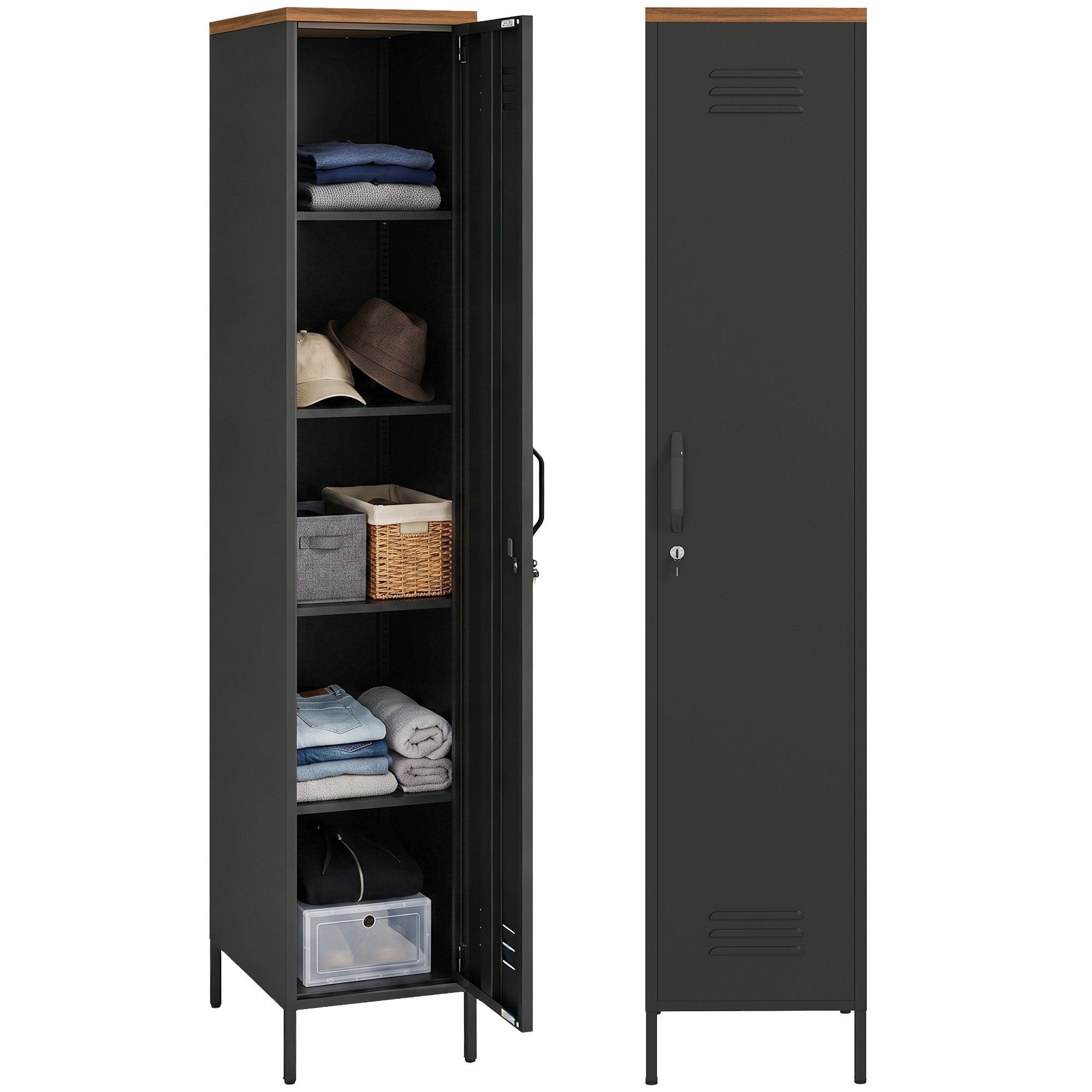 HOMCOM Kleiderschrank Metallschrank Spind mit Verstellbaren Einlegeböden (Set, 1-St., 1er Set) Schlank, Metall, 4 verstellbare Böden
