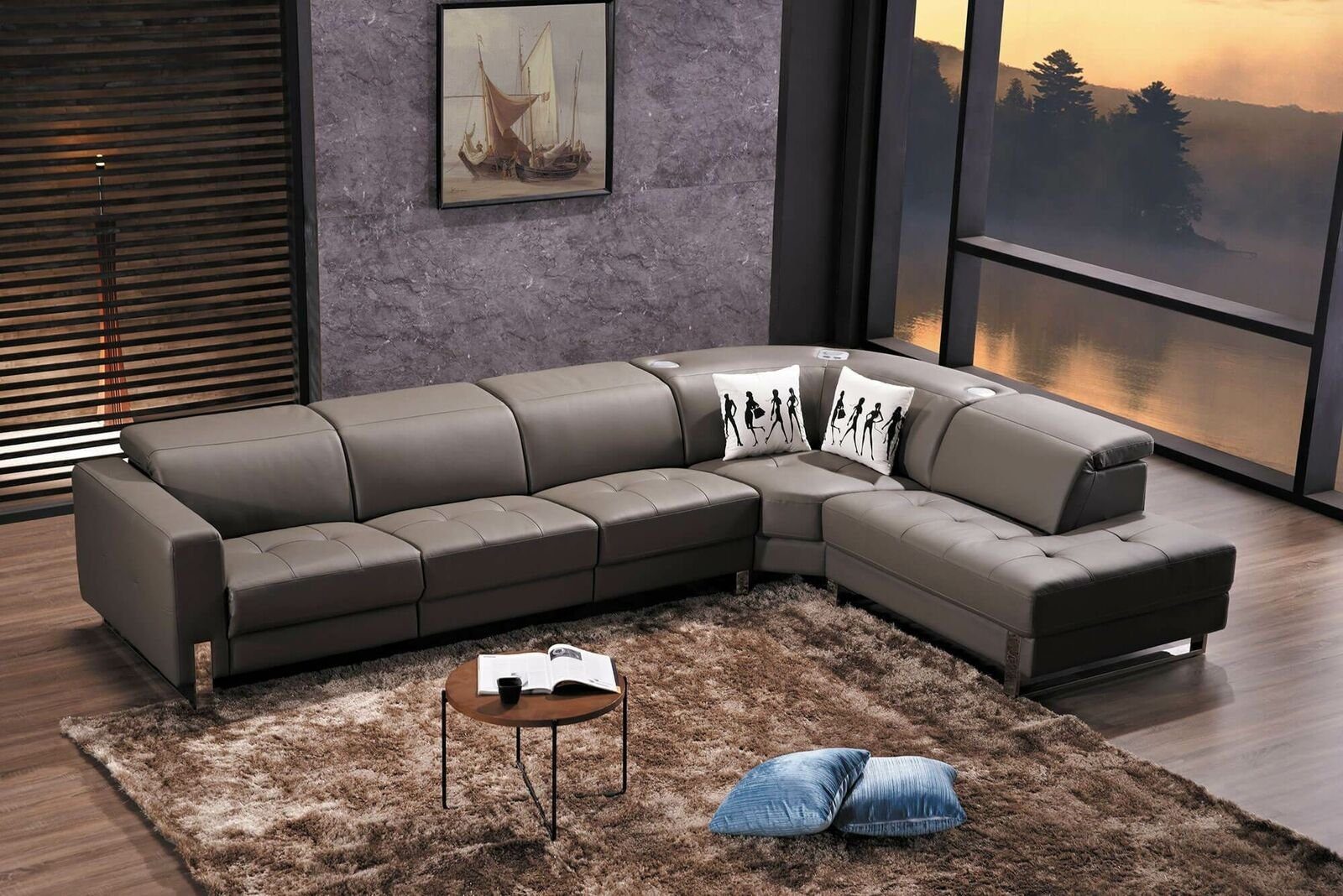 JVmoebel Ecksofa, Design Sofa Grau Ledersofa Wohnlandschaft Garnitur Couch L-Form Modern