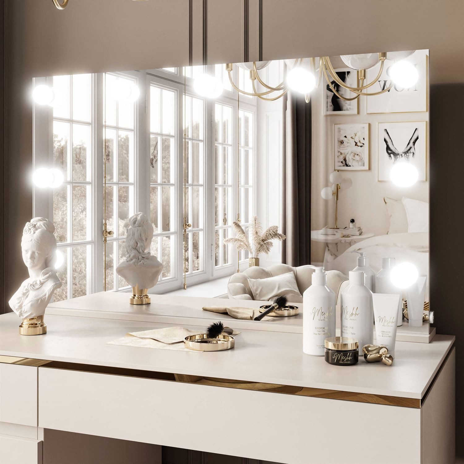 Lookway Schminktisch AURORA II ELITE KASCHMIR mit Spiegel und Beleuchtung (1x Schreibtisch 1x Spiegel), Breite: 120 cm