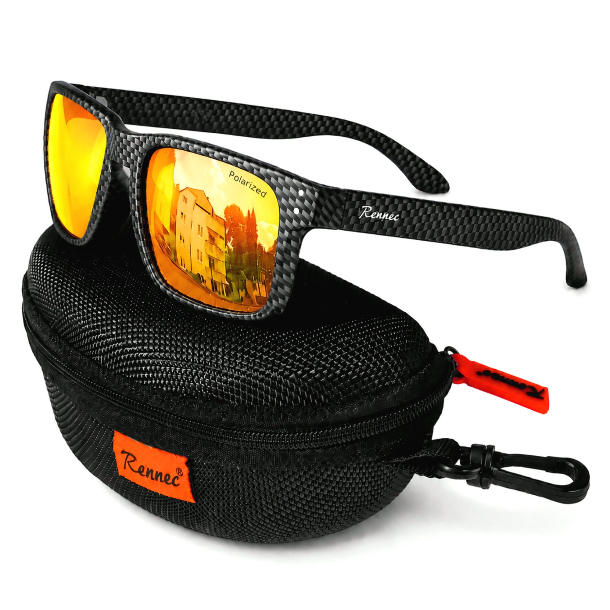 Rennec Sonnenbrille Herren Polarisiert Rechteckig Carbon Optik mit Hardcase Gläser UV400 Getönt oder Verspiegelt, Edelstahl Bügelgelenke 3in2