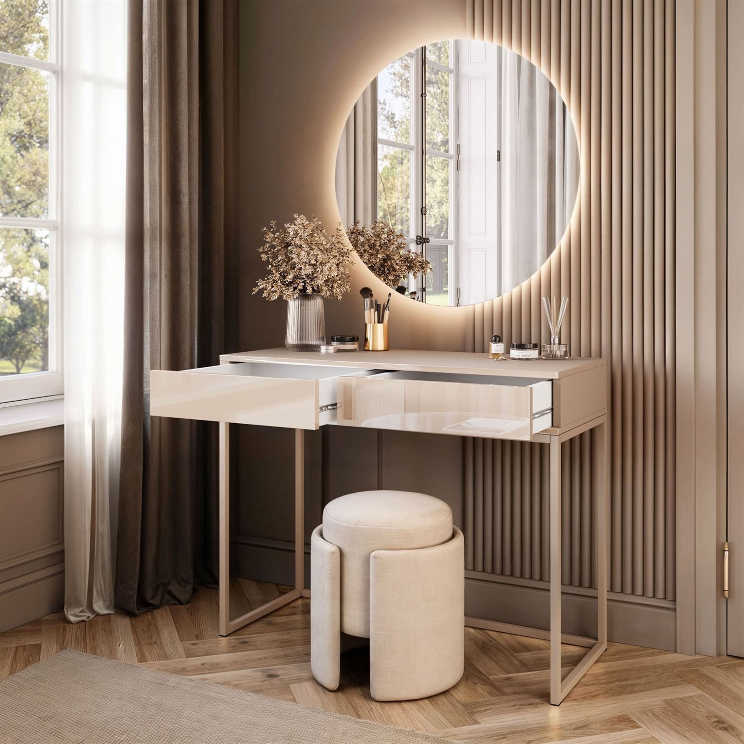 Lookway Schminktisch BLANCO GLAMOUR KASCHMIR mit kaschmirfarbenem Gestell und LED-Spiegel (1x Konsole, 1x Spiegel mit Led Beleuchtung), Breite: 100 cm
