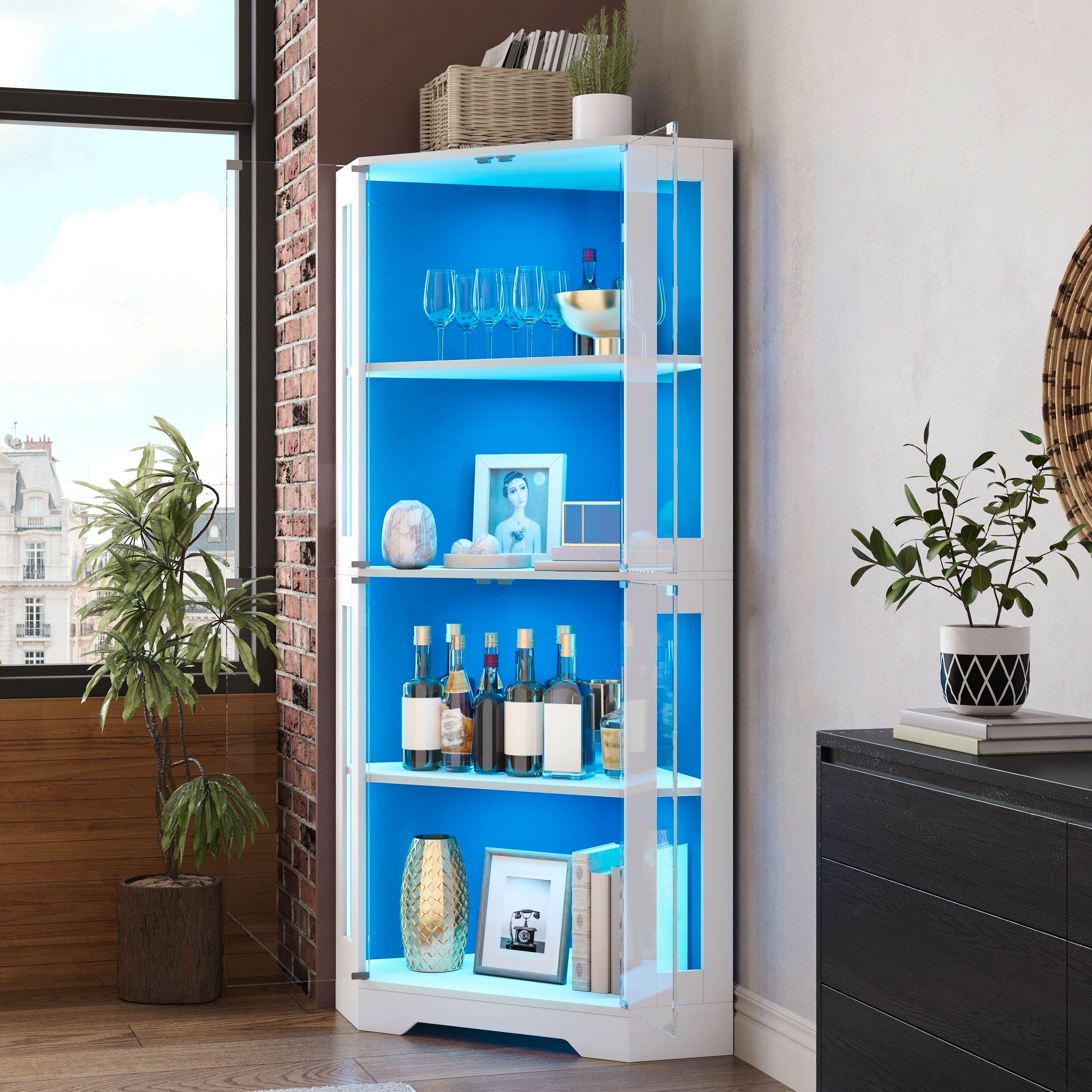Flieks Glasvitrine Eckschrank Hochschrank mit LED-Beleuchtung, 4 Ebenen, Glastüren (56x36,5x165 cm, 1-St., Wohnzimmerschrank Küchenschrank) multifunktional Eckvitrine mit verstellbarer Ablagen Mehrzweckschrank