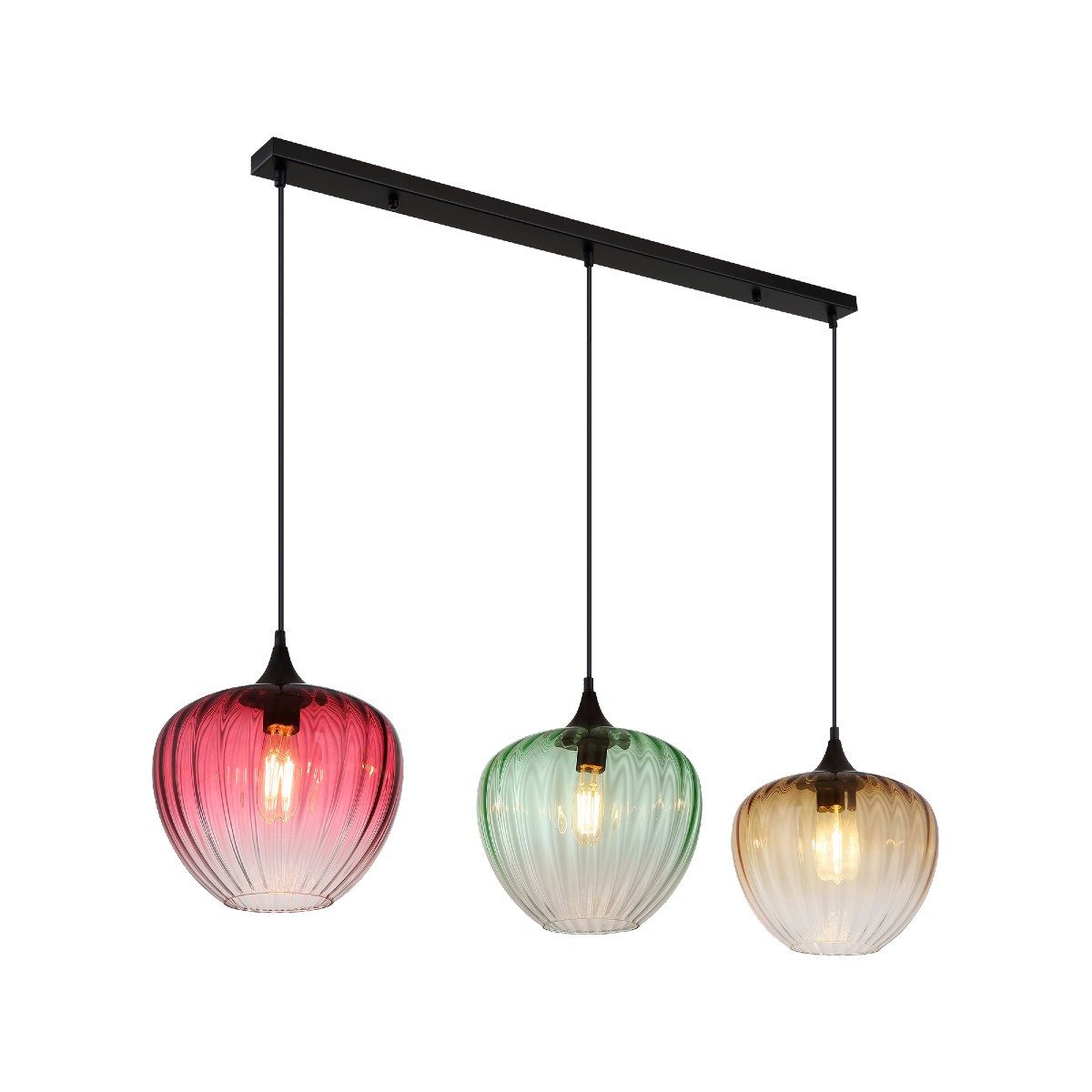 GLOBO LIGHTING Pendelleuchte Solveig, ohne Leuchtmittel, bunte, gerillte Glasschirme, rund oder gerade Form, Esstisch, 3 x E27
