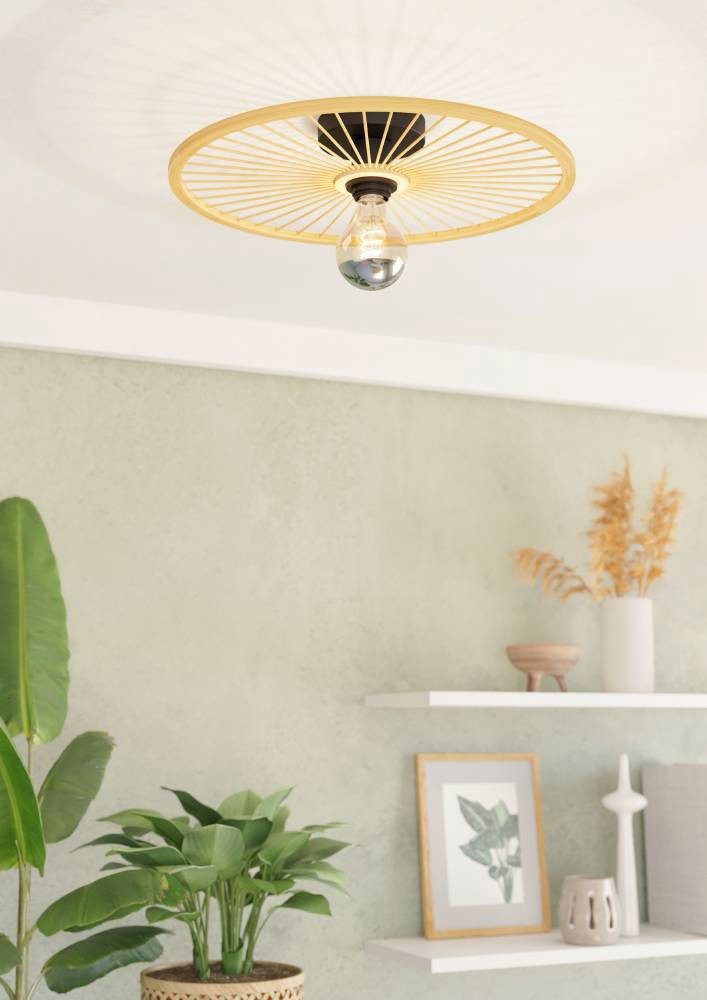 EGLO Deckenleuchte LEOMINSTER, ohne Leuchtmittel, Deckenleuchte, Wohnzimmerlampe, Metall in Schwarz und Bambus, Ø 45 cm