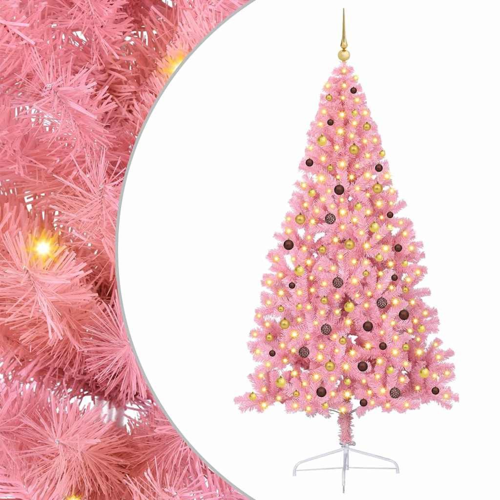 furnicato Künstlicher Weihnachtsbaum Künstlicher vorbeleuchteter Weihnachtsbaum Rosa 240 cm PVC, UV-beständige Tanne mit 300 LEDs, USB-Beleuchtung und Kugeln