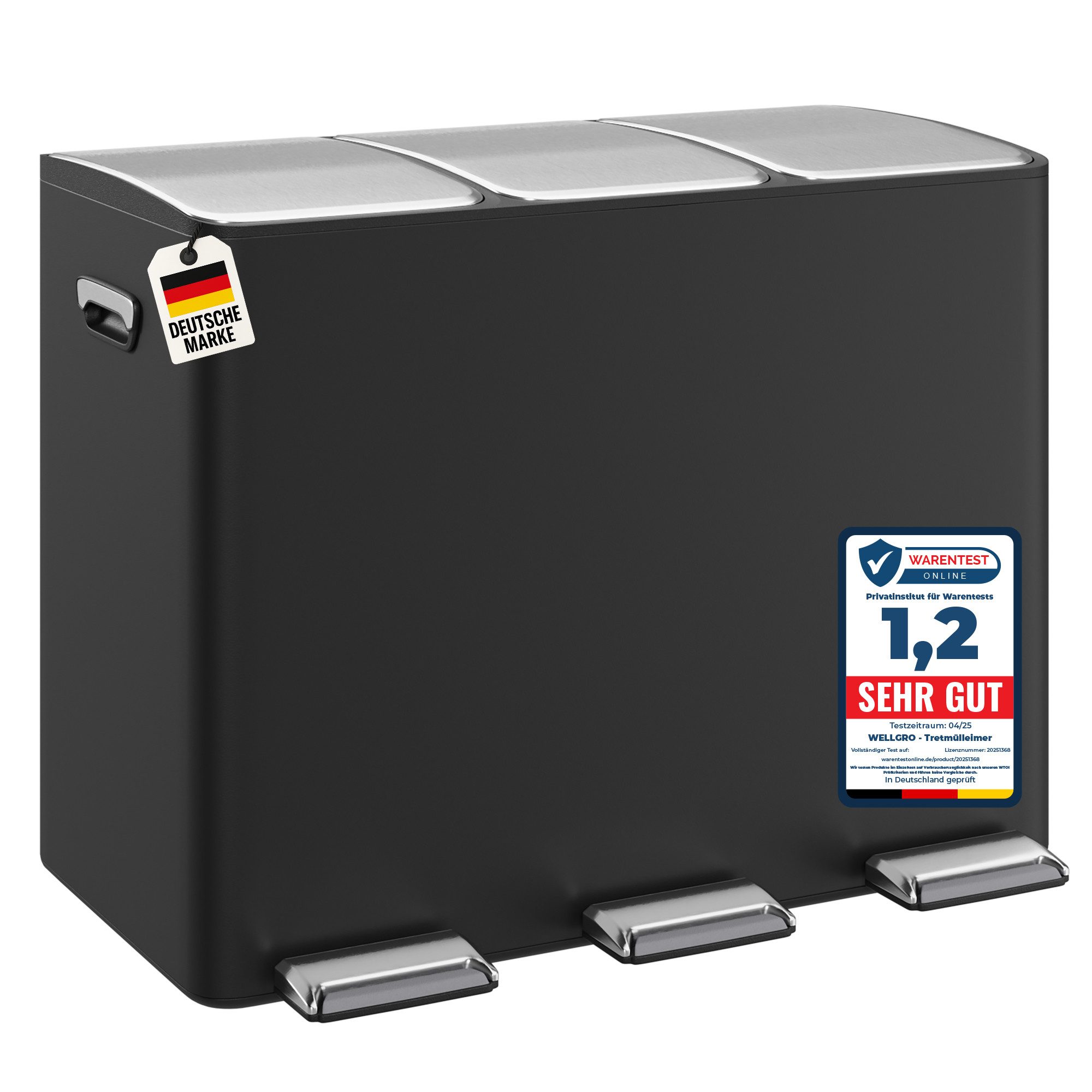 Wellgro Mülleimer Treteimer 3x15L – Edelstahl mit Softclose & Pedal