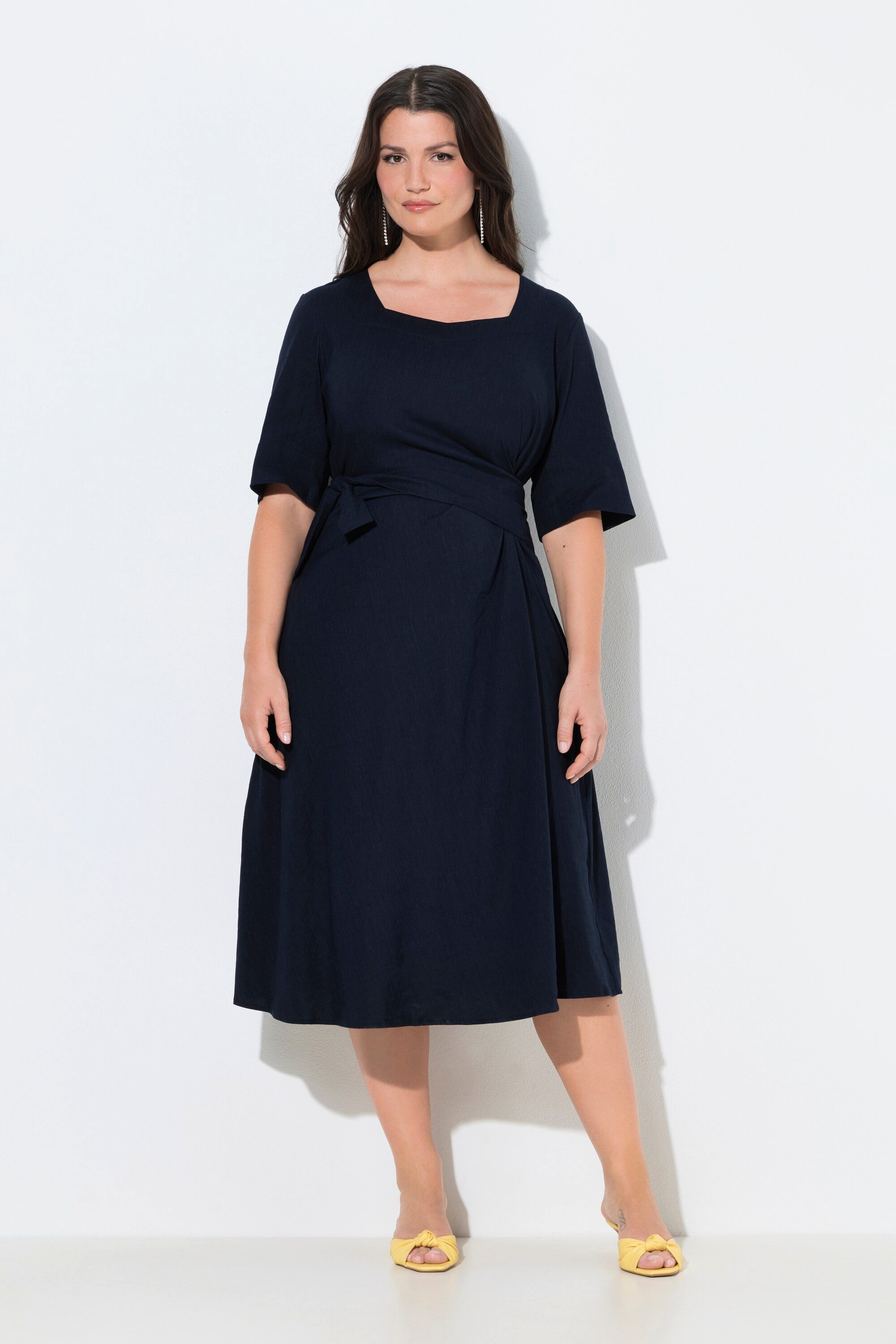 Ulla Popken Midikleid Midikleid Wickeloptik Rundhals Halbarm Leinenmix günstig online kaufen