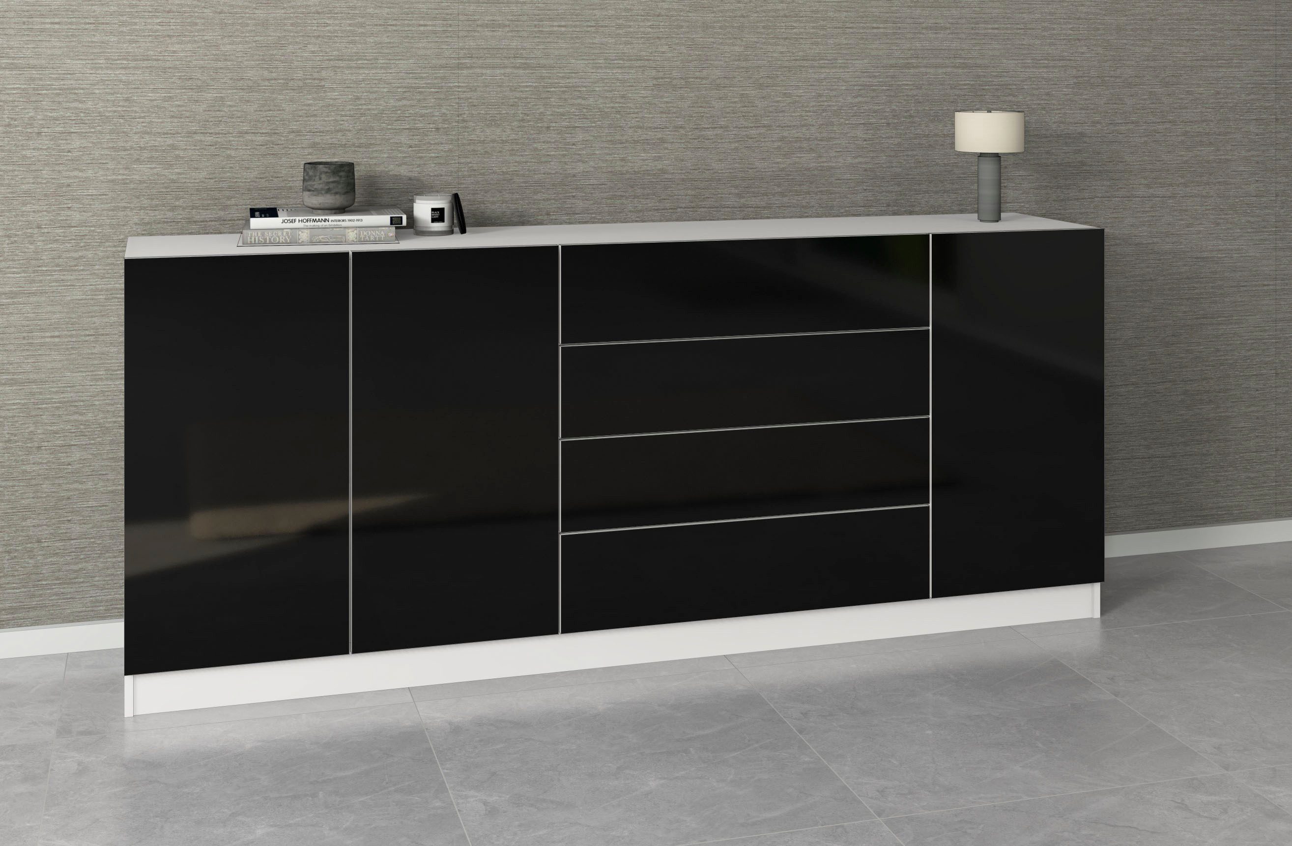 borchardt Möbel Sideboard Vaasa, Kommode mit 3 Türen und 4 Schubkästen auf Kugelführungen, Breite 190 cm