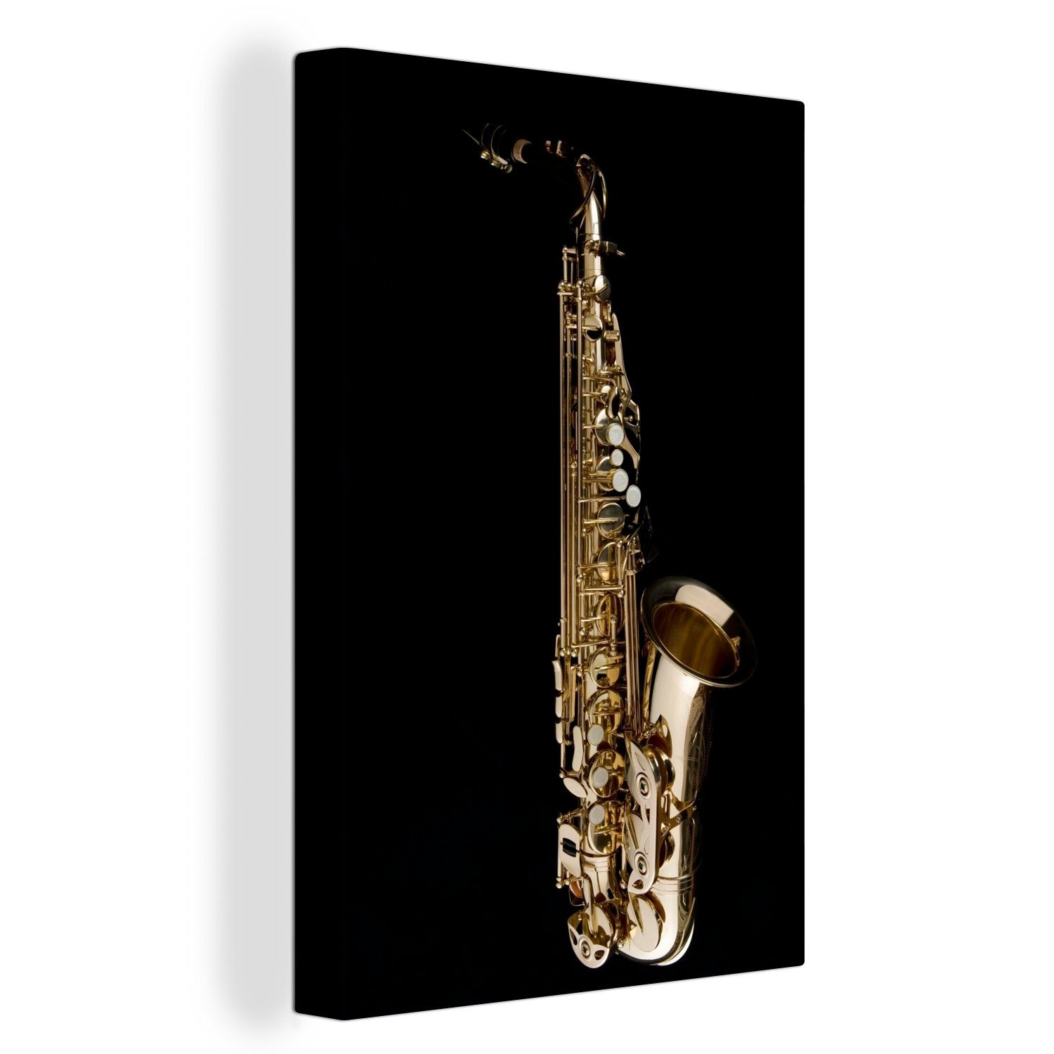 Leinwandbild Zackenaufhänger, Gemälde, cm Hintergrund, Saxophon 20x30 einem (1 Leinwandbild vor St), inkl. schwarzen fertig OneMillionCanvasses® bespannt