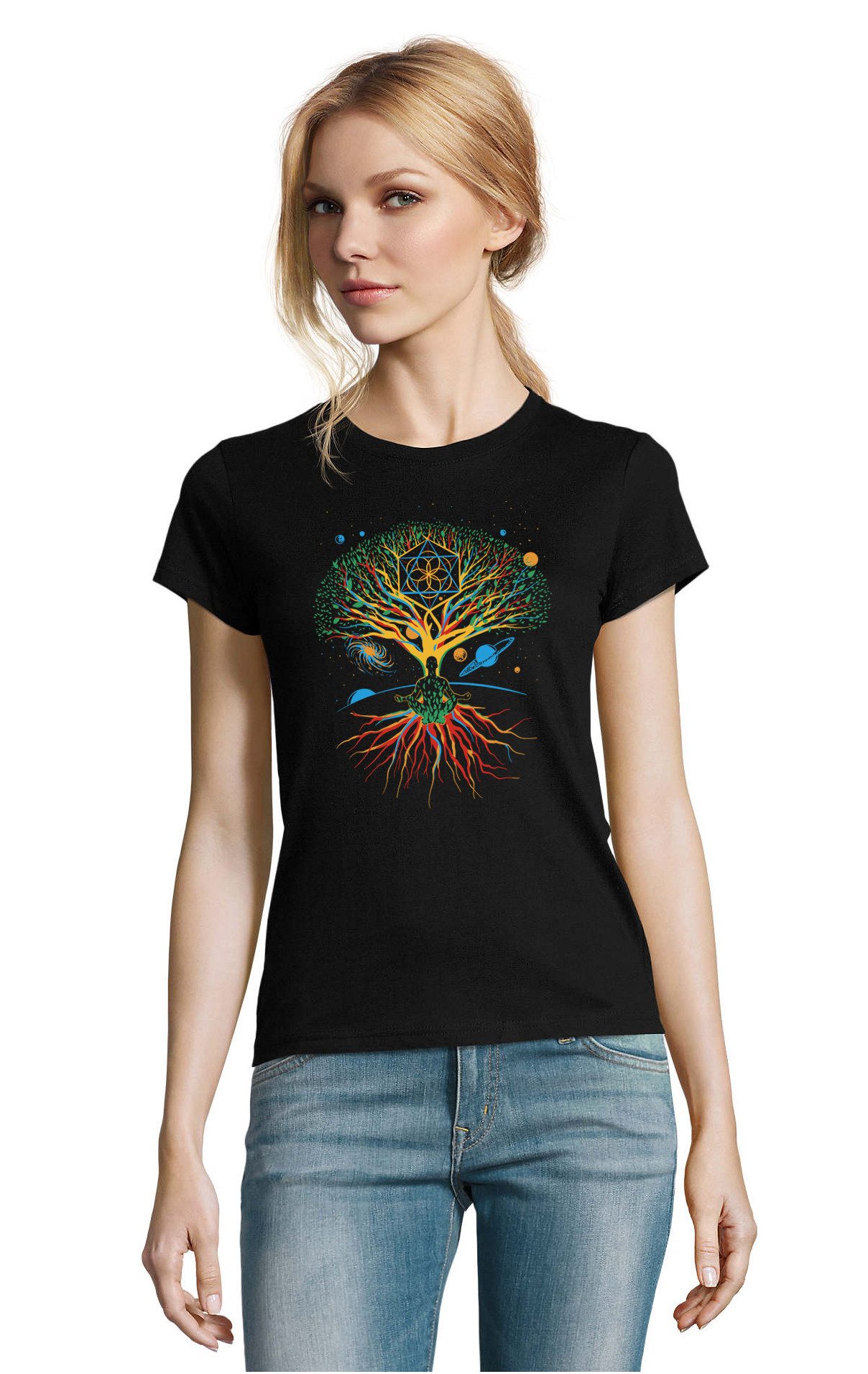 Blondie & Brownie T-Shirt Damen Meditation Baum Universum Yin Yang Spiritue günstig online kaufen