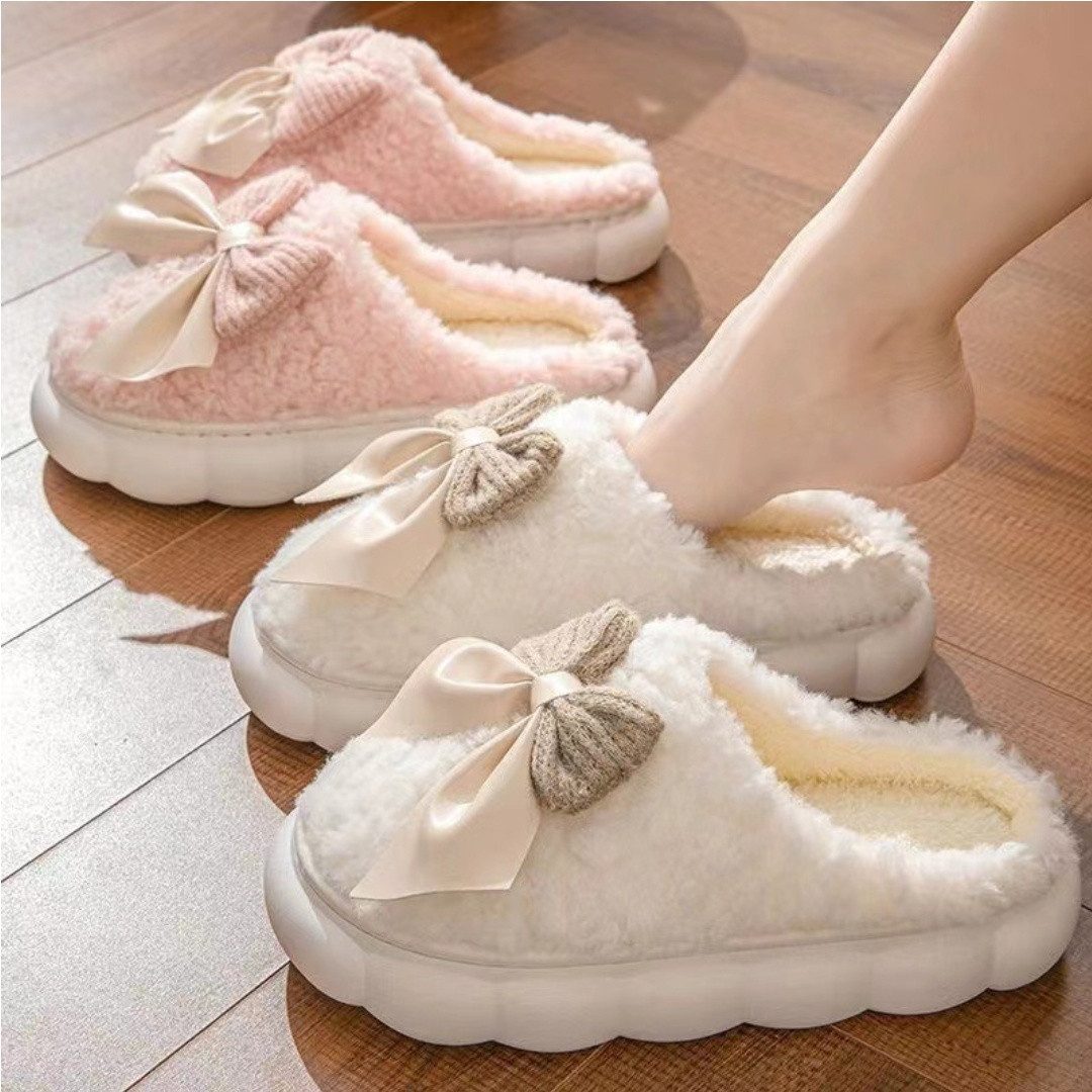 HoyoLee Handels GmbH Damen Plüsch-Pantoffeln Winter mit Schleife Hausschuhe Warm Slipper – Bild 3 von 3