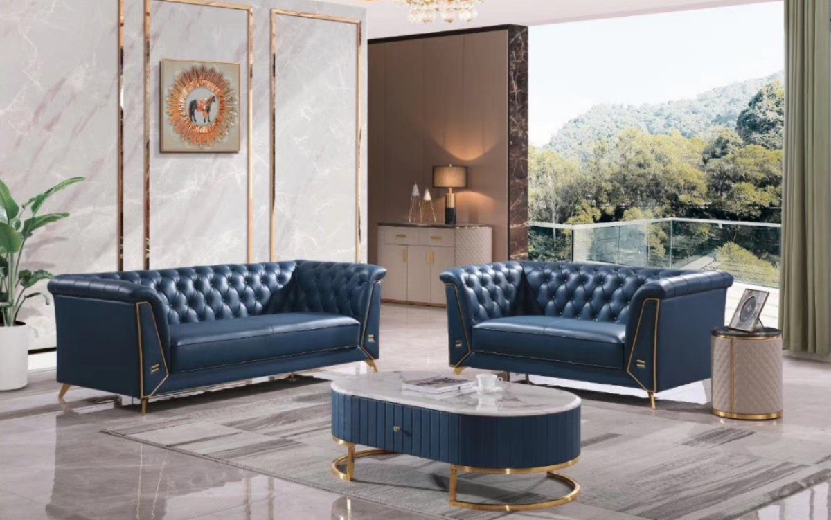 in Sitzer Sofagarnitur Blau Sofa Made Möbel, Chesterfield JVmoebel Luxus Europe 3+2