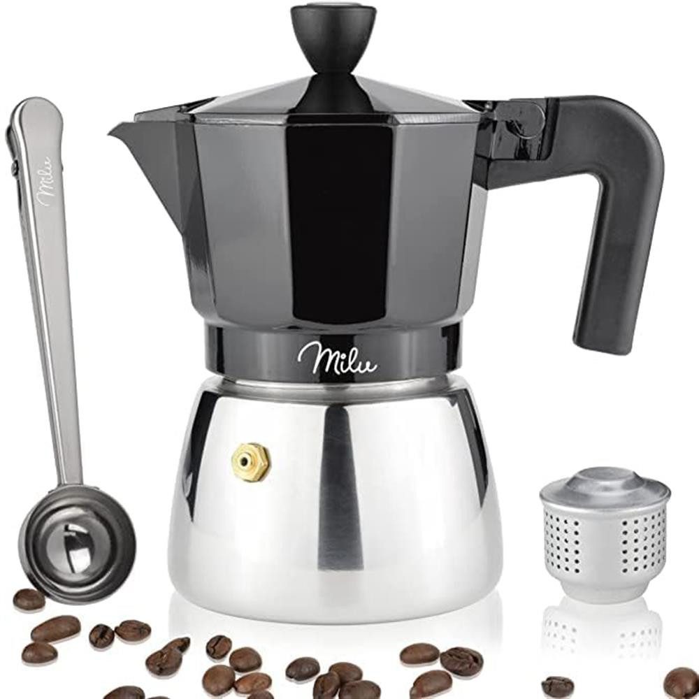 Milu Espressokocher, Espressokocher Induktion Aluminium Edelstahl, Schwarz
