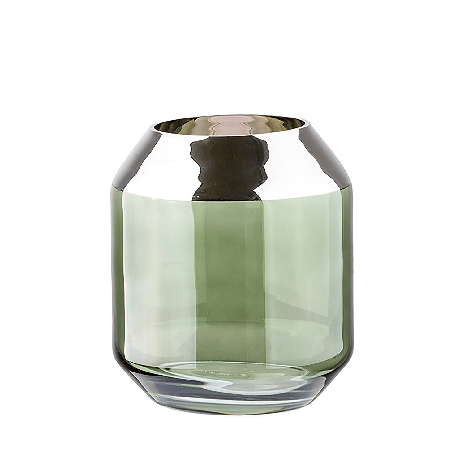 Fink Teelichthalter Teelichthalter / Vase SMILLA - dunkelgrün - Glas - H.14cm x B.12cm (0 St), mundgeblasen - folierter silberfarbener Rand - Ø Öffnung: 9,5 cm