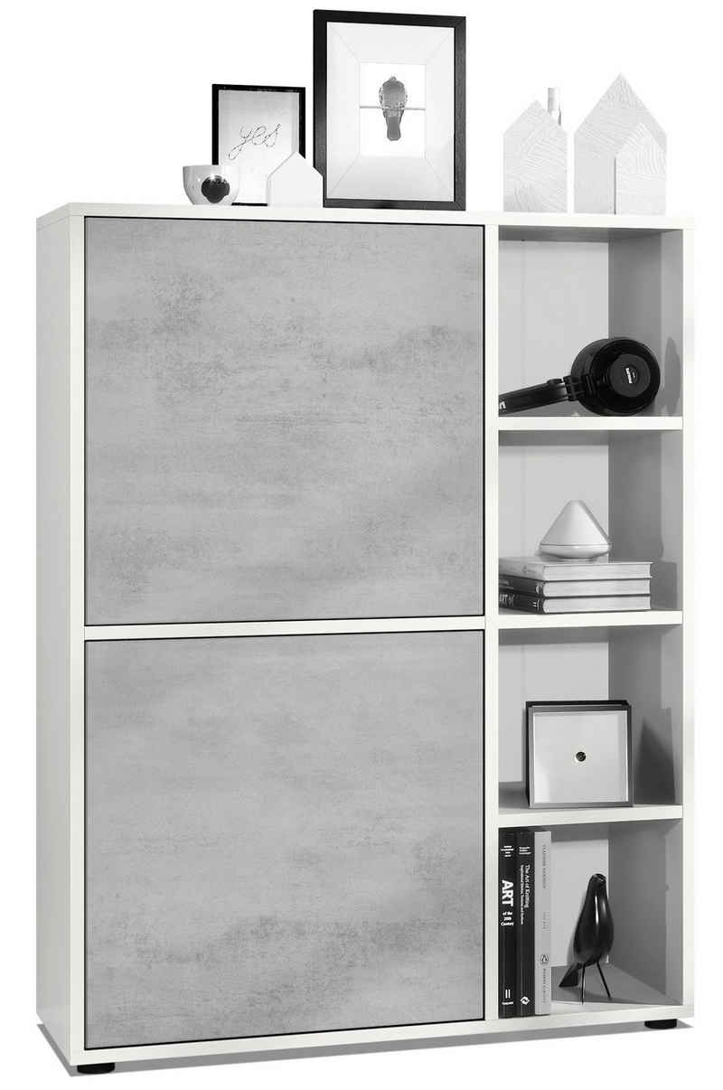 Vladon Highboard Cuba (Anrichte, mit 2 Türen und 4 offene Fächer), Weiß matt/Beton Oxid Optik (79 x 105,5 x 35,5 cm)