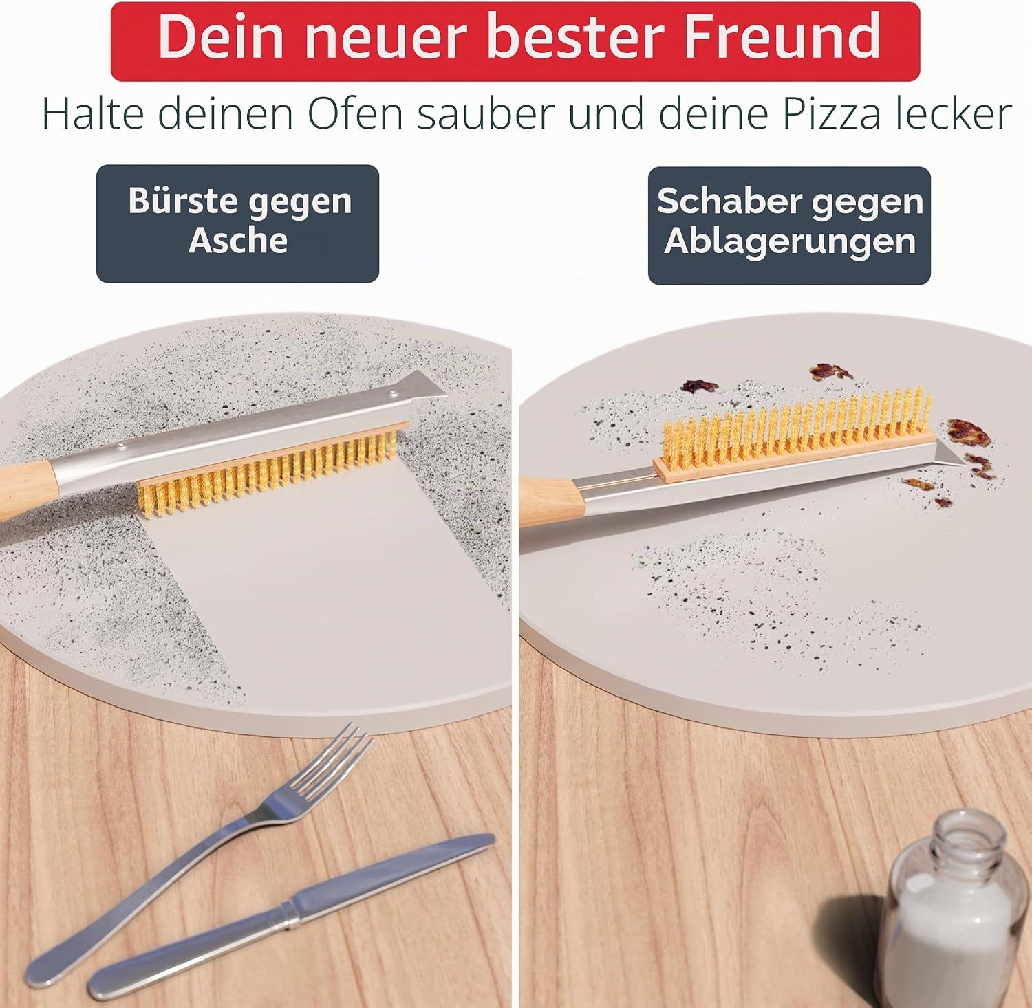 Luckice Grillbürste mit Schaber und langem Holzgriff, 56cm BBQ-Reinigungsbürste, (mit robusten Metallborsten und Aufhängeschlaufe für Grillrost, Fugen, Herdplatten, Metall & Stein, mit Aufhängeöse für Werkstatt und Küche)