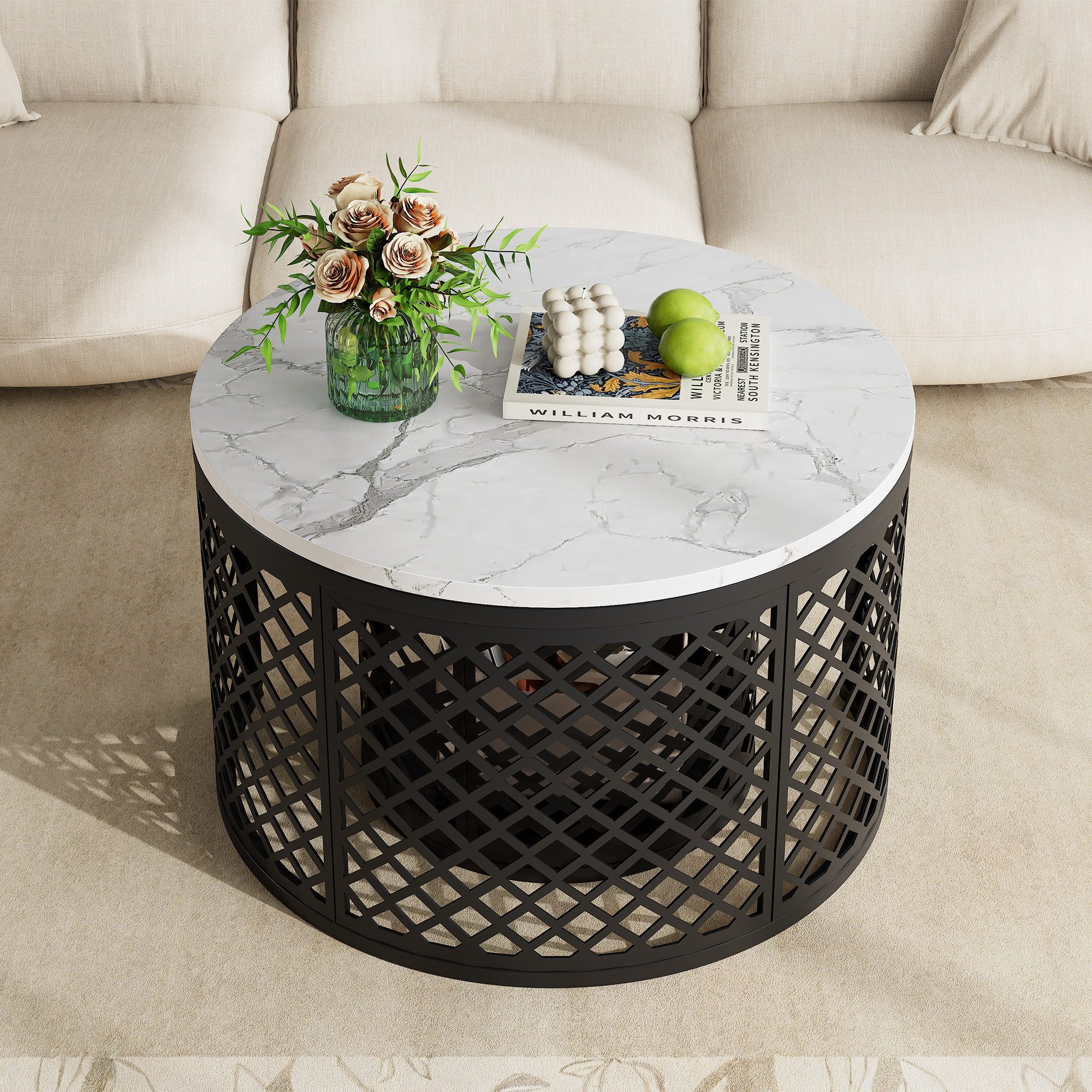 OKWISH Couchtisch Set 2-tlg rund Marmoroptik Metallgitter Nesting Design (Packung, 1-St., Stabiler Metallrahmen, kratzfeste Oberfläche, einfache Selbstmontage), Platzsparend stapelbar, unterstellbarer Beistelltisch mit Ablagefläche