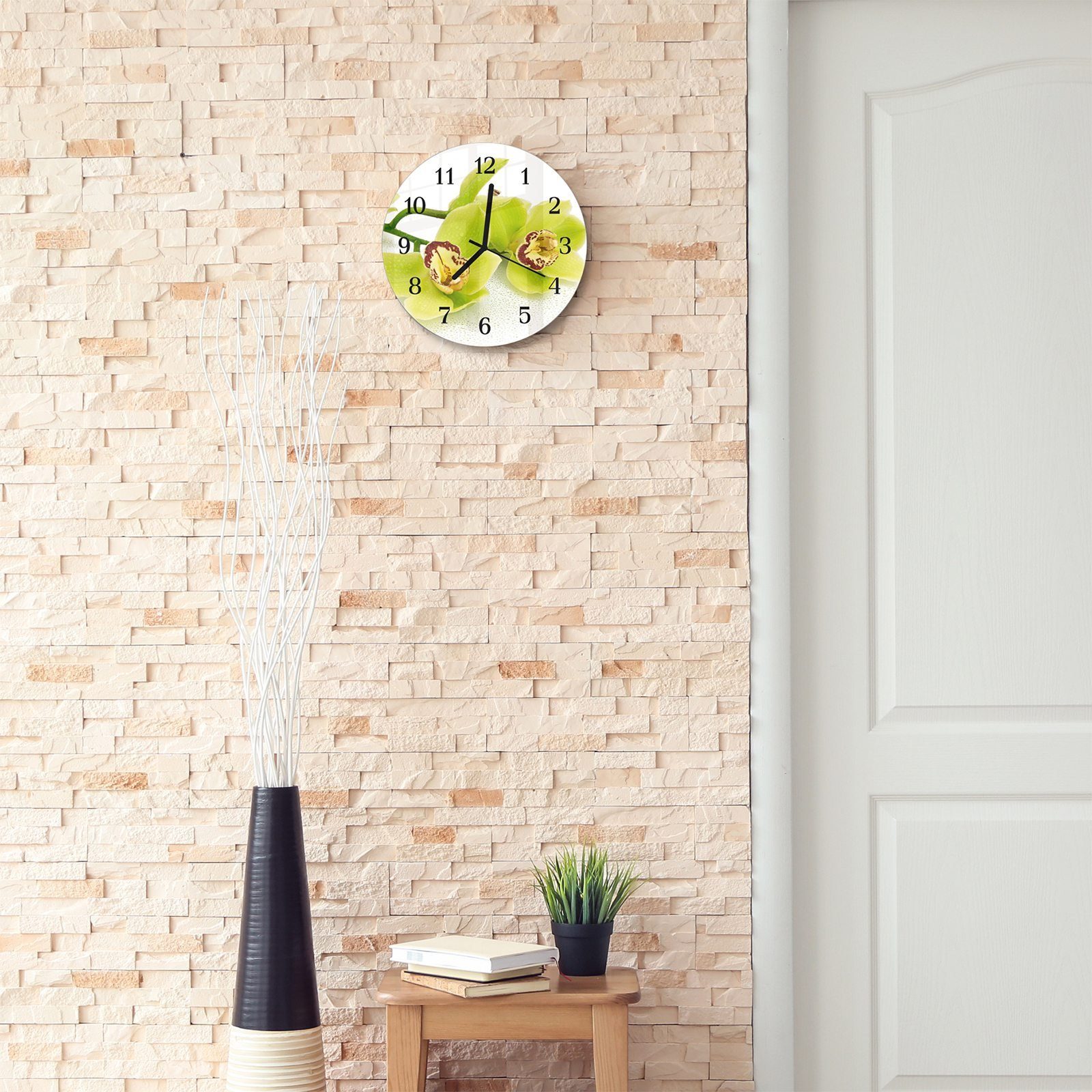 30 Rund Glas Durchmesser Quarzuhrwerk Hellgrüne - Motiv und Primedeco Orchideen Wanduhr mit mit Wanduhr cm aus