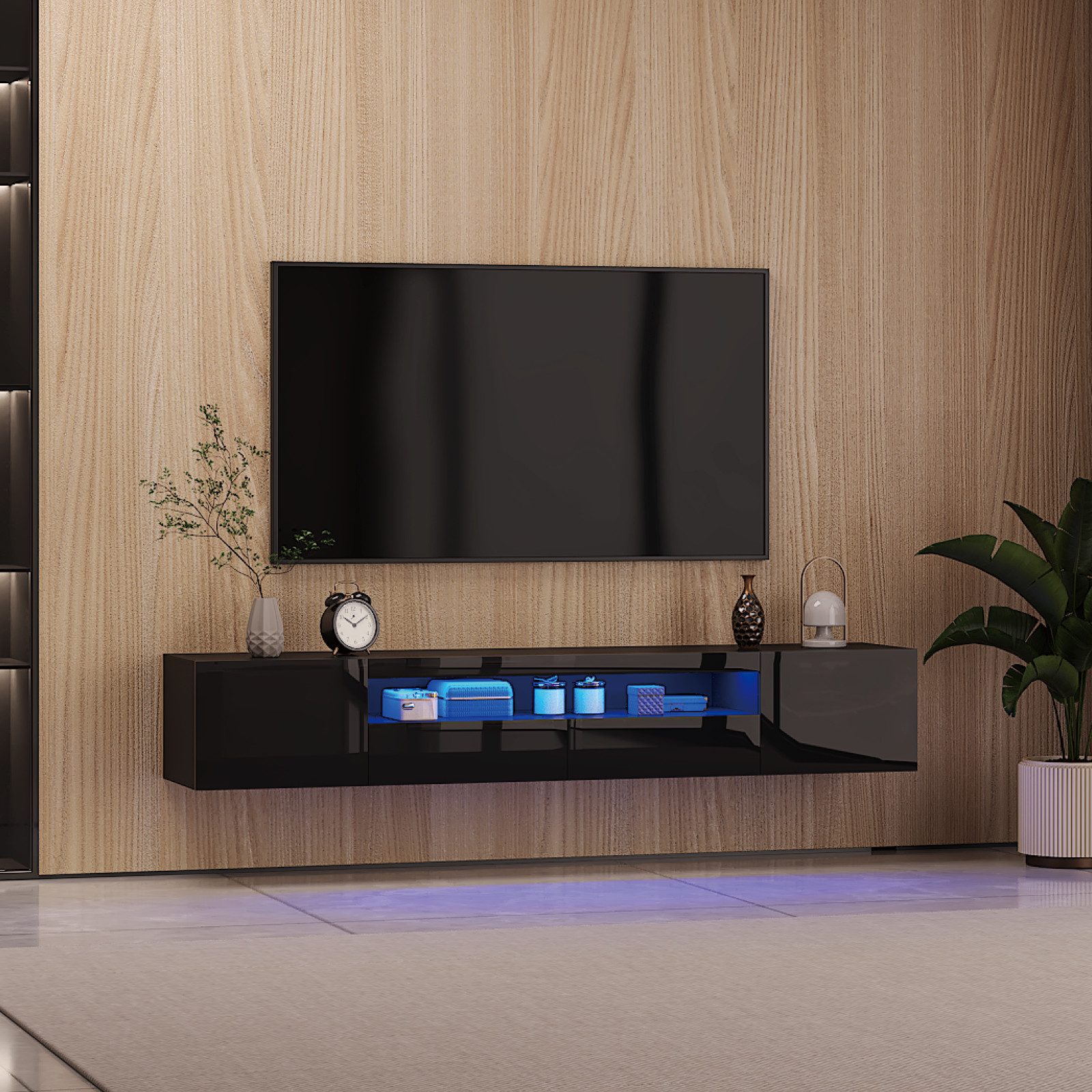 radelldar Lowboard 180cm Hochglanz mit LED-Beleuchtung und Stauraum (1 St), hängender TV-Schrank für Fernseher bis 85 Zoll