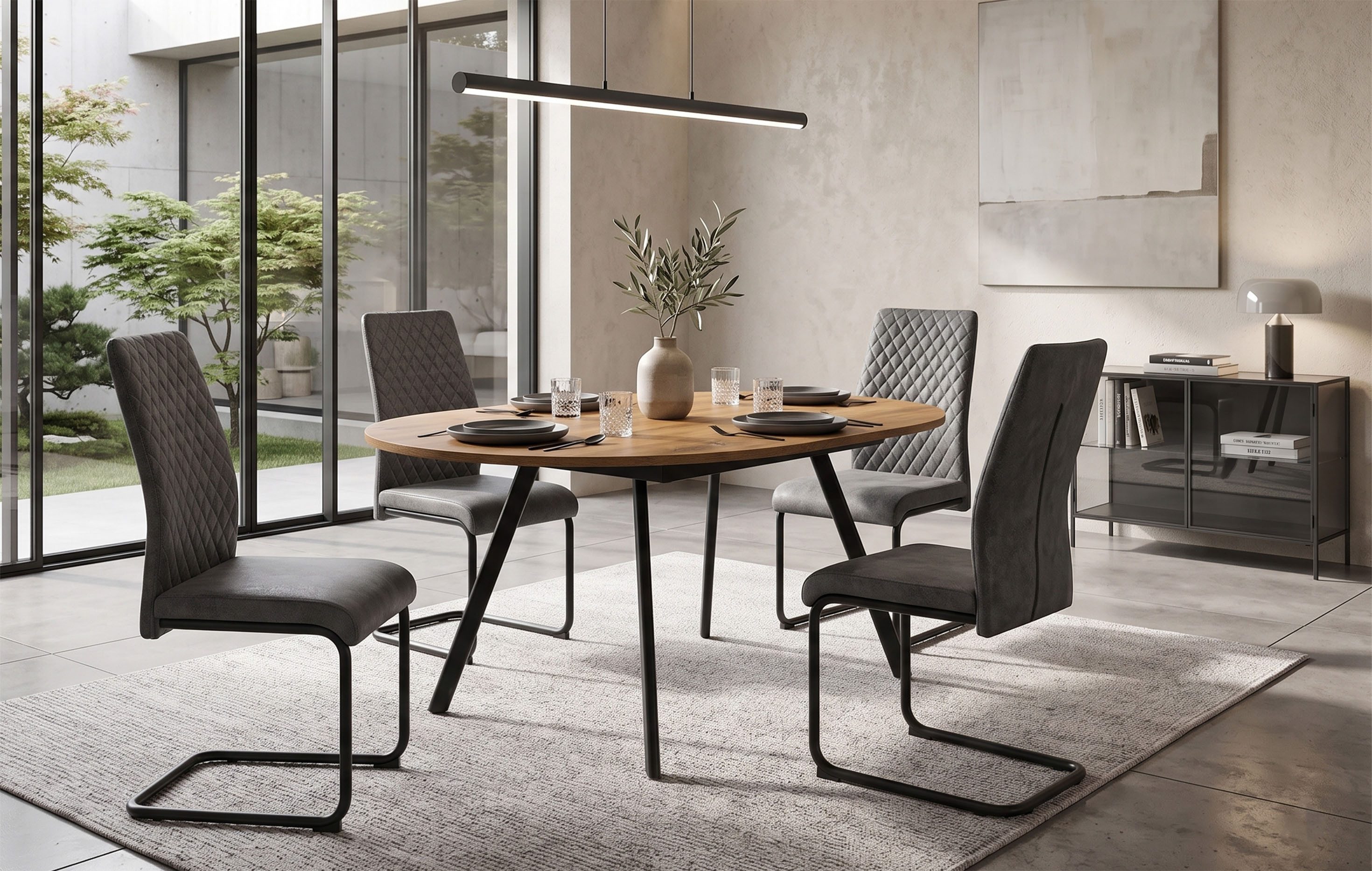 B&D home Essgruppe Essgruppe Till & Theo, (Set, 5-tlg., 1 Tisch / 4 Stühle), Runder Esstisch ausziehbar bis 145cm, Stühle in Microfaser