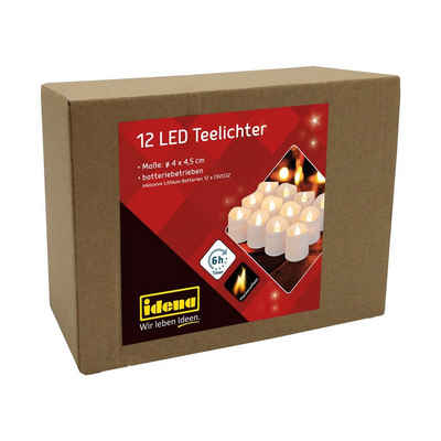 Idena LED-Kerze 12 LED Teelichter, mit Flackereffekt und Timer warmweiß Votivkerzen batteriebetrieben