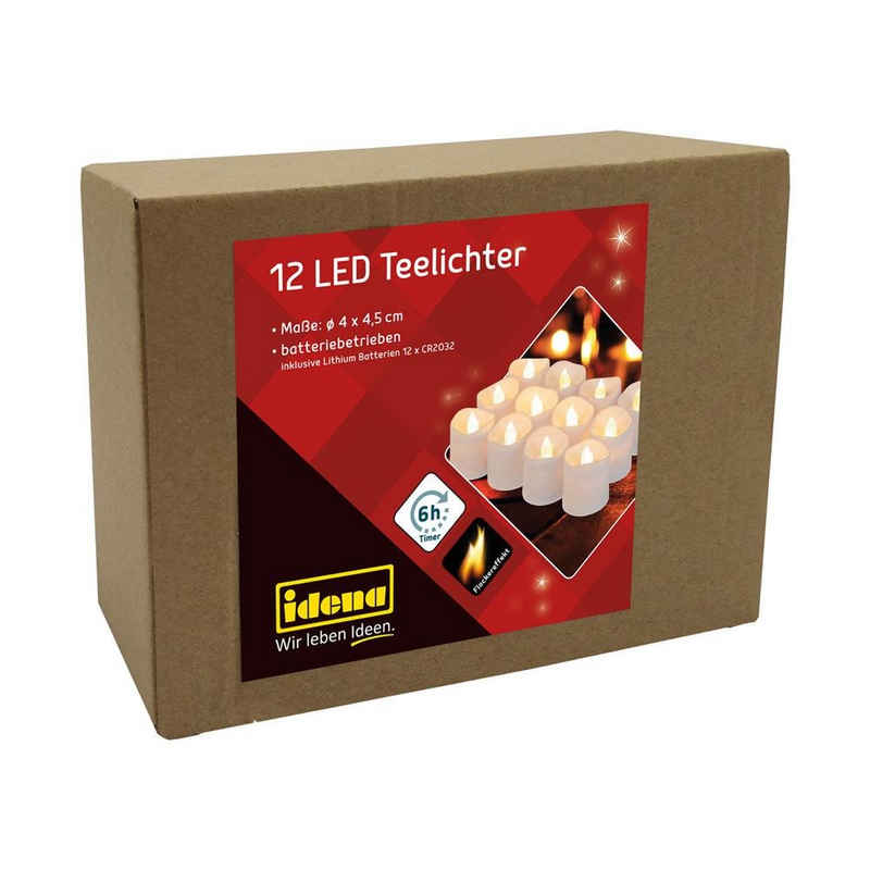 Idena LED-Kerze 12 LED Teelichter, mit Flackereffekt und Timer warmweiß Votivkerzen batteriebetrieben