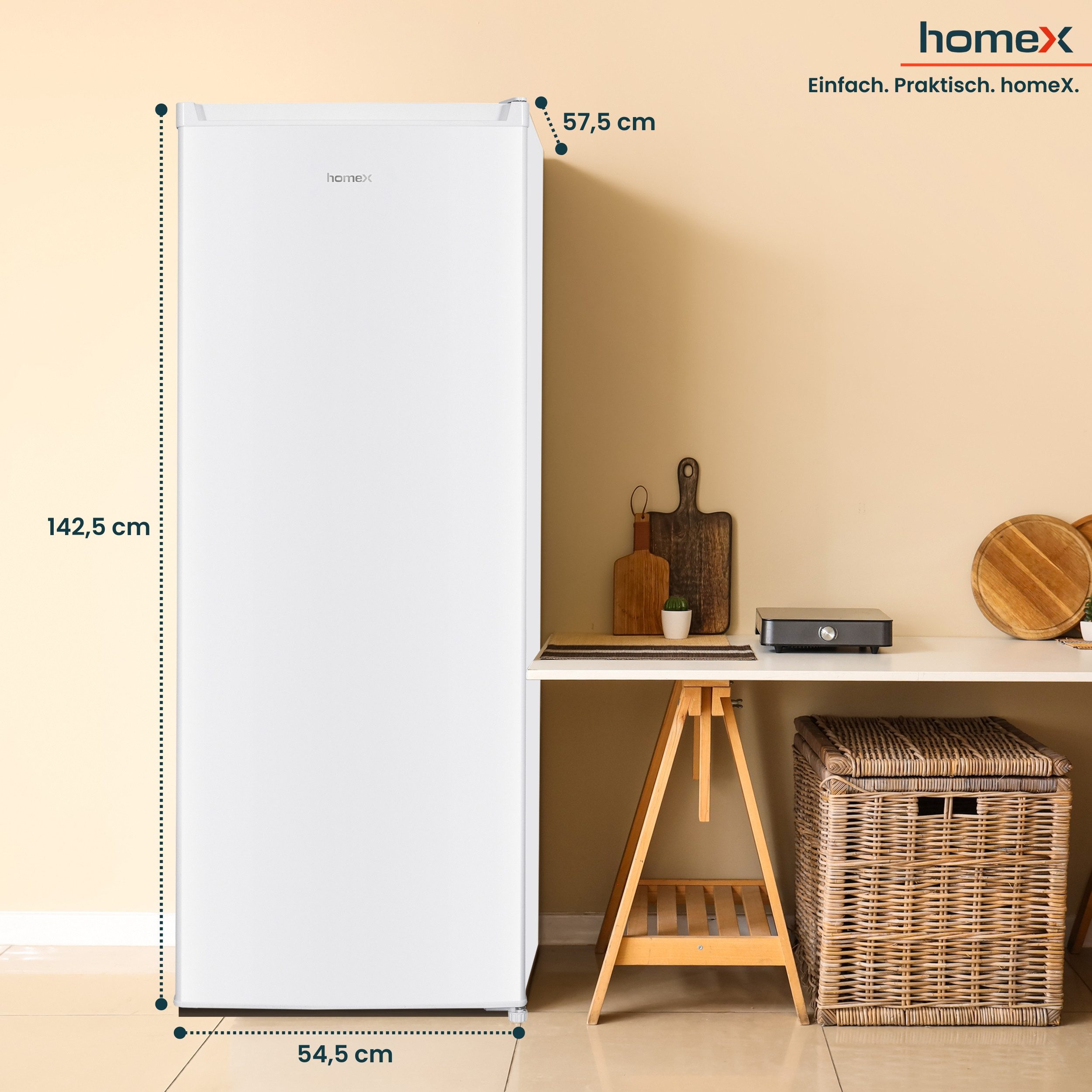 homeX Gefrierschrank FS1682E-W, 142.5 cm hoch, 54.5 cm breit, 168 Liter, Tiefkühlschrank groß, Freezer, 4-Sterne Gefrieren, leise