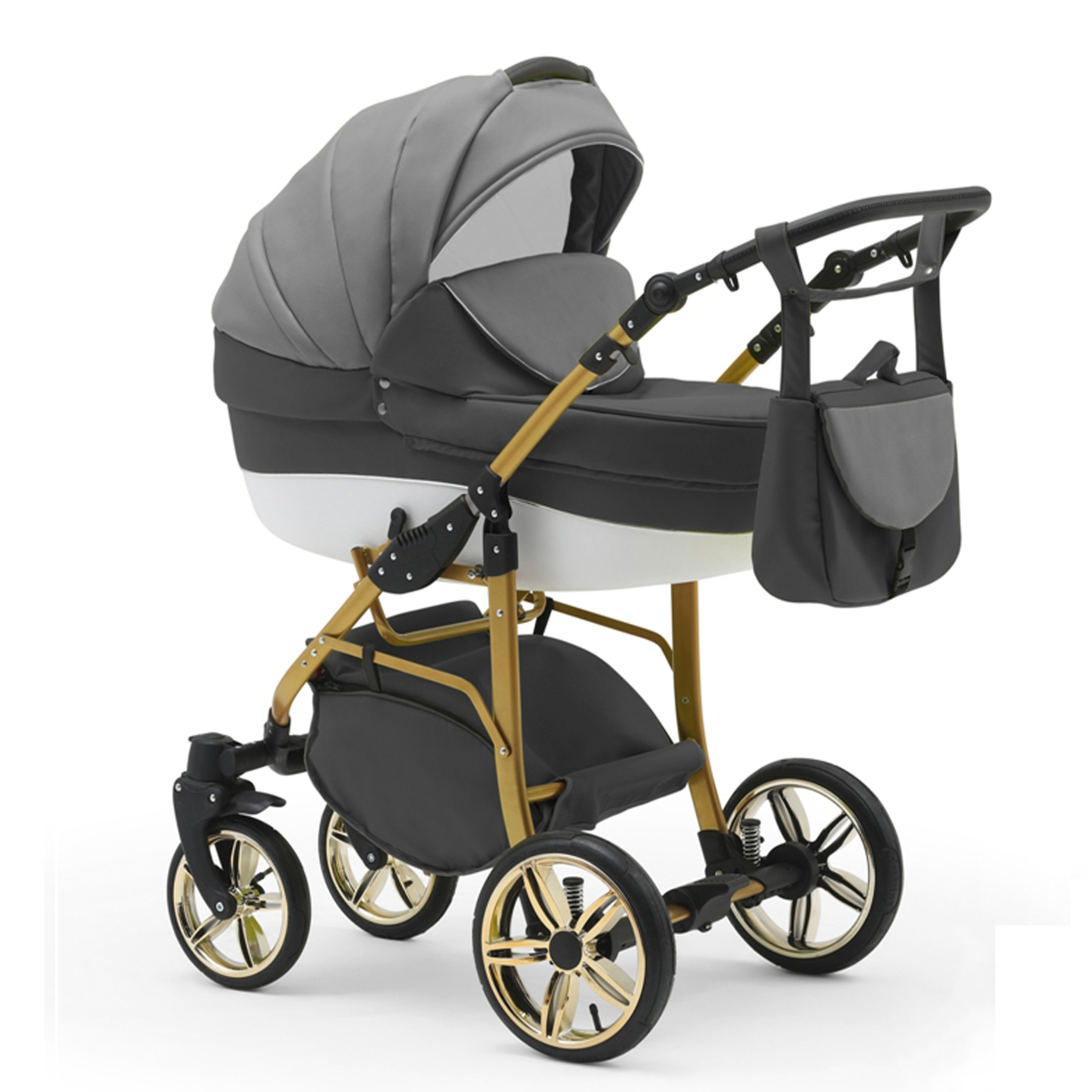 in 13 Kombi-Kinderwagen Gold 1 - 46 - Teile Hellgrau-Grau-Weiß Farben Cosmo Kinderwagen-Set ECO 2 in babies-on-wheels