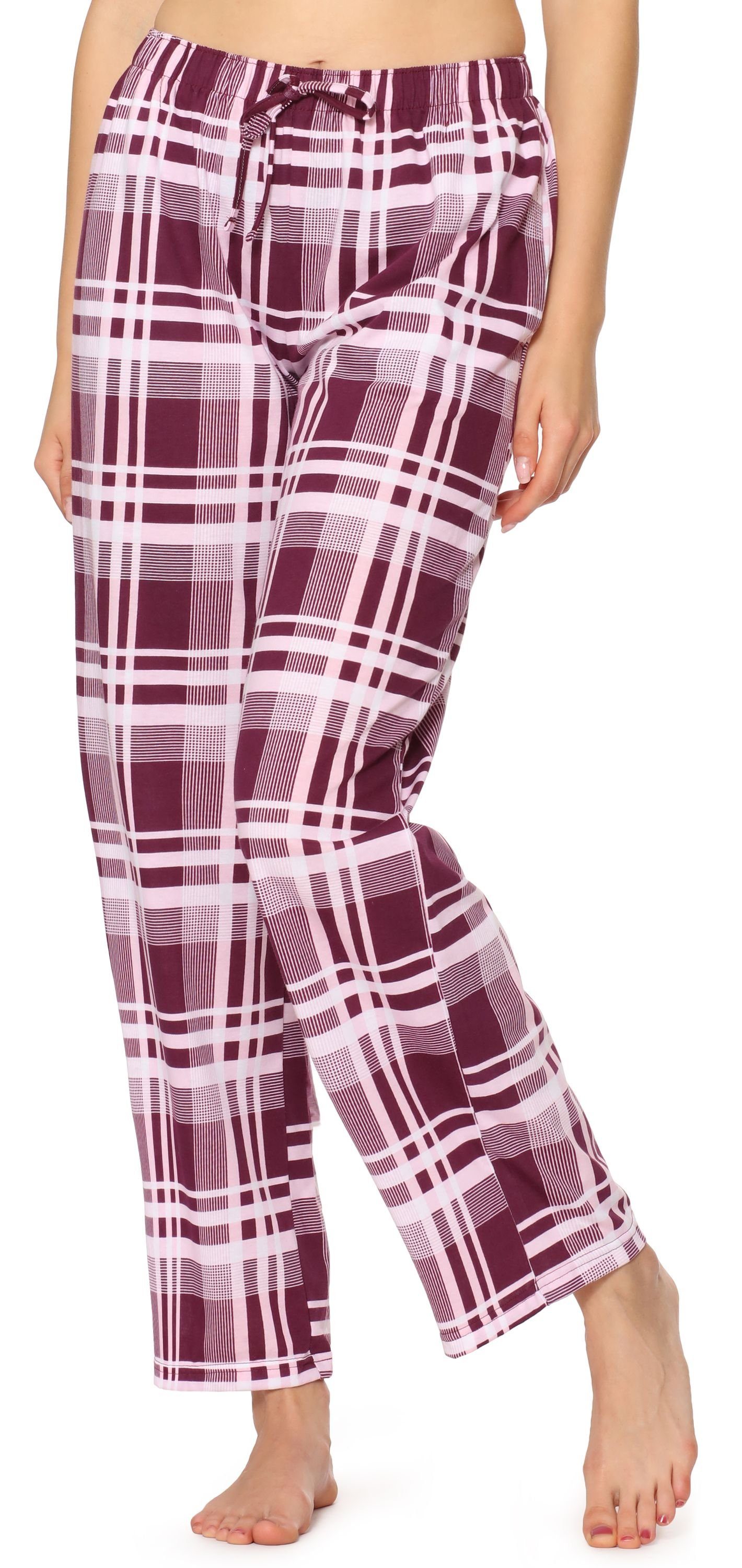 Style elastischer Pyjamashorts Damen MPP-001 Bund Schlafanzugshose Weinrot/Kariert (1-tlg) Merry