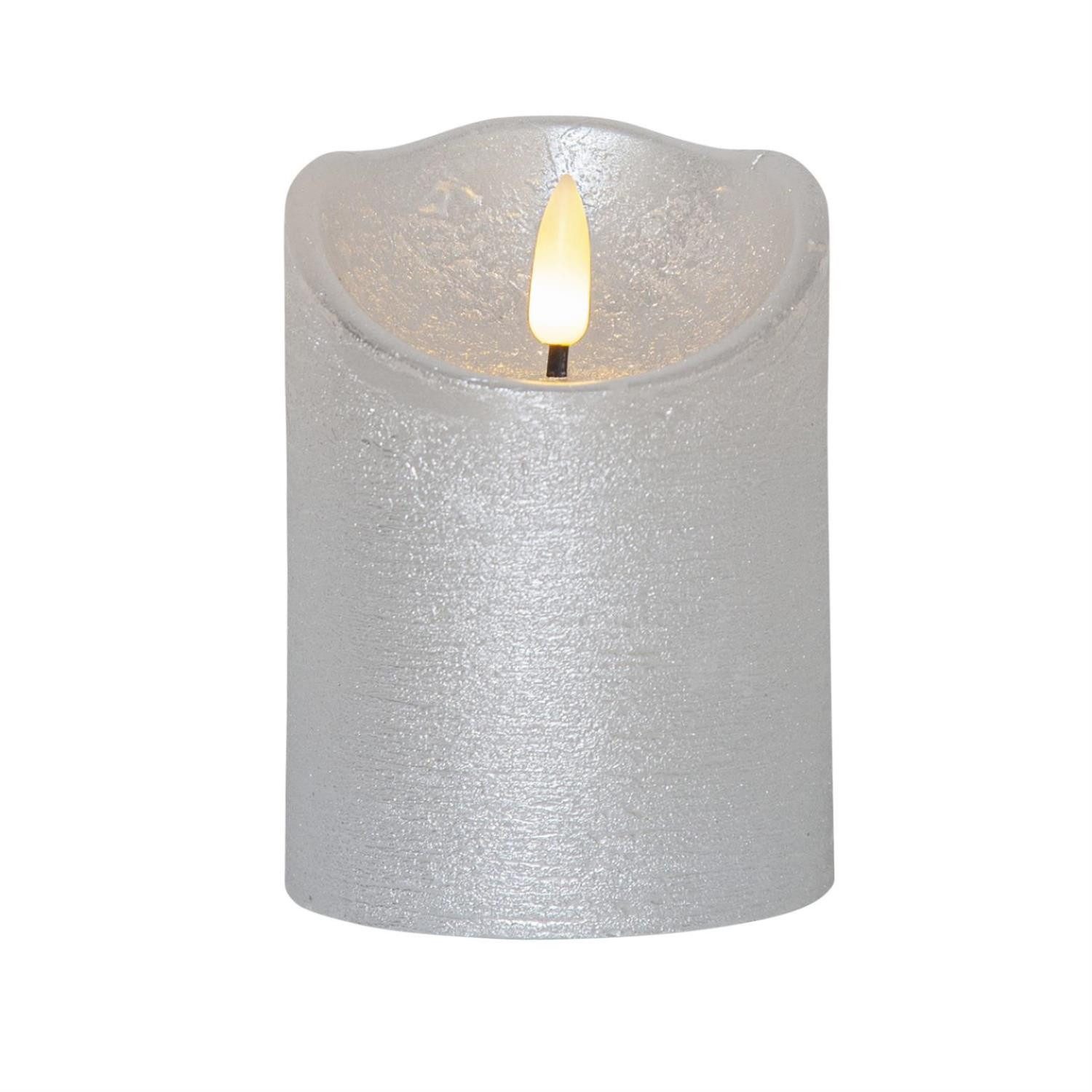 LED-Kerze Rustik Optik Echtwachs flackernde Flamme H: 10cm Timer Batterie silber