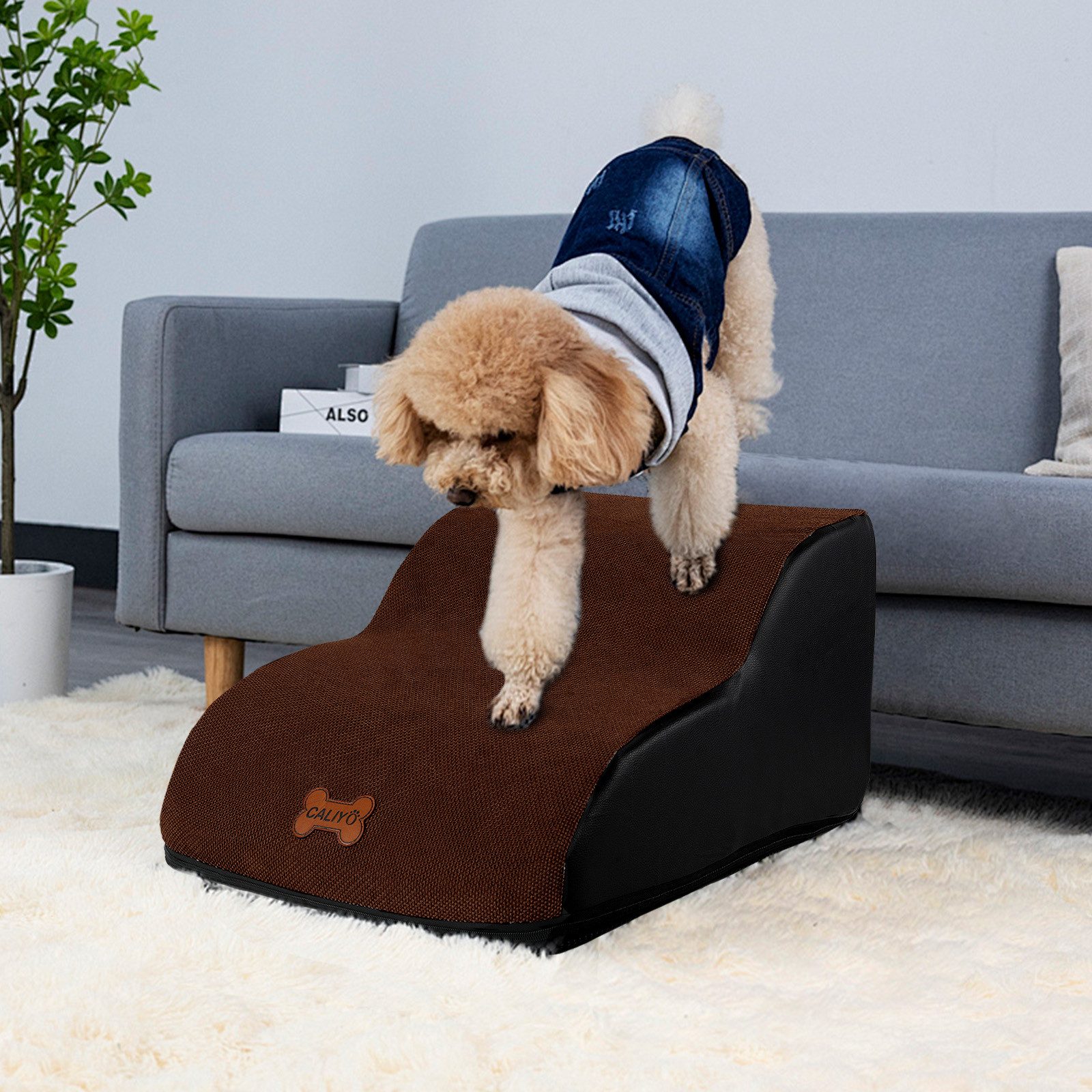 CALIYO Hunderampe Hundetreppe 3 Schichten Haustiertreppe Hundetreppe Katzentreppe, für Kleine Hunde Welpe Katzen aus Sofa Bett rutschfest