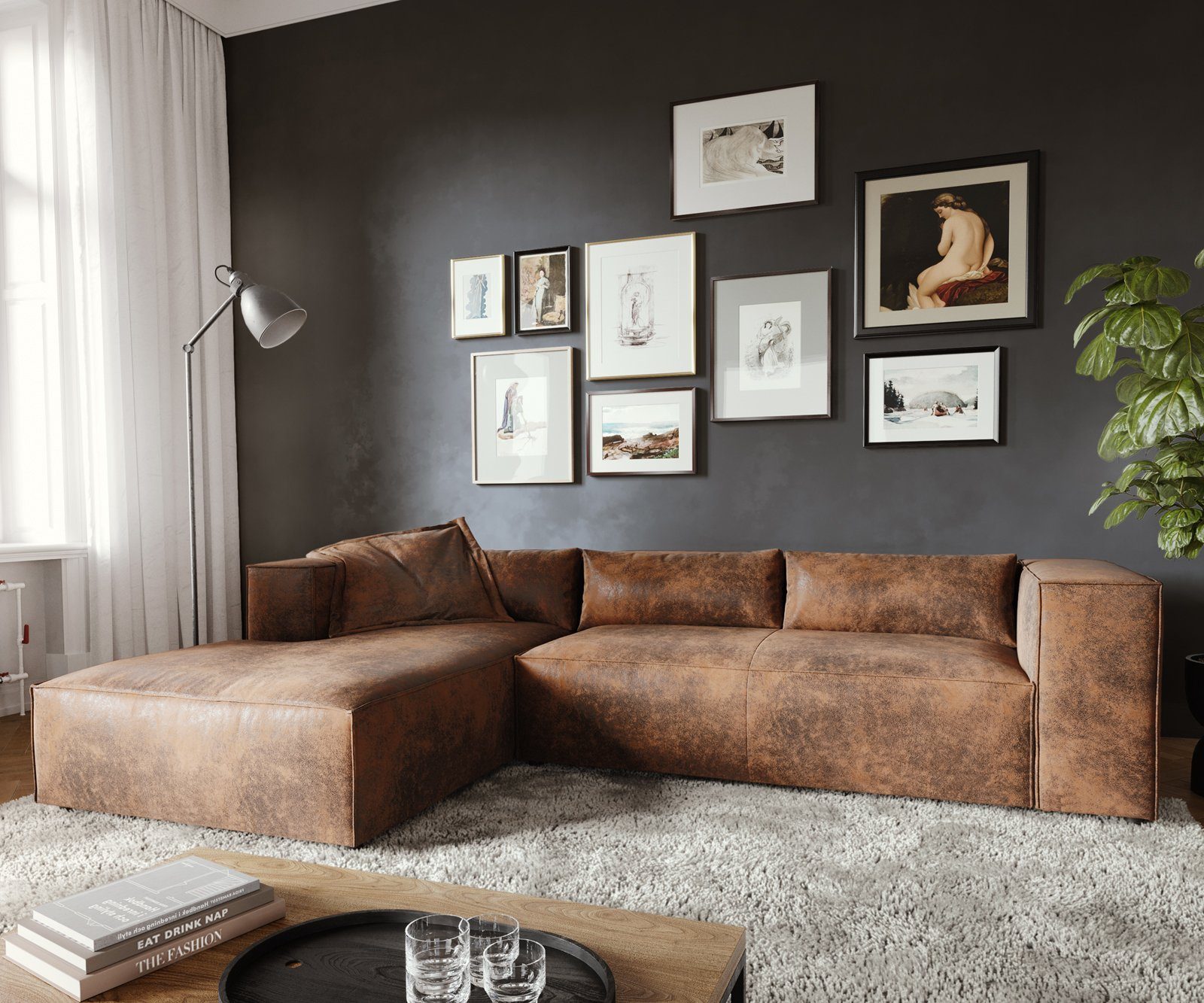 DELIFE Ecksofa Brom, Lederimitat Braun 260x175 günstig online kaufen