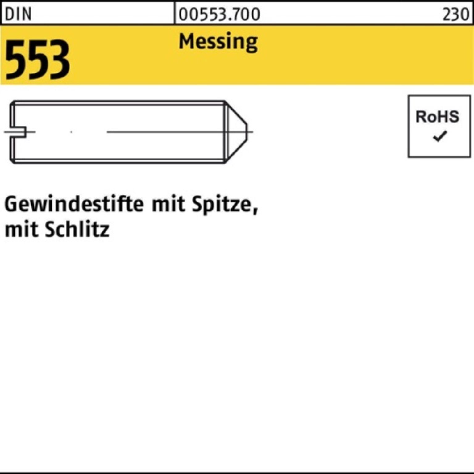 100 Gewindebolzen M6x 100er DIN 8 Schlitz/Spitze 553 Pack Gewindestift Stüc Messing Reyher