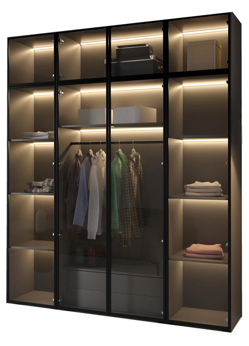 Compleo Drehtürenschrank mit Glasfront, Pefekt Garderobe, LED-Beleuchtung STELLS Kleiderschrank mit Aufsatz und Schubladen