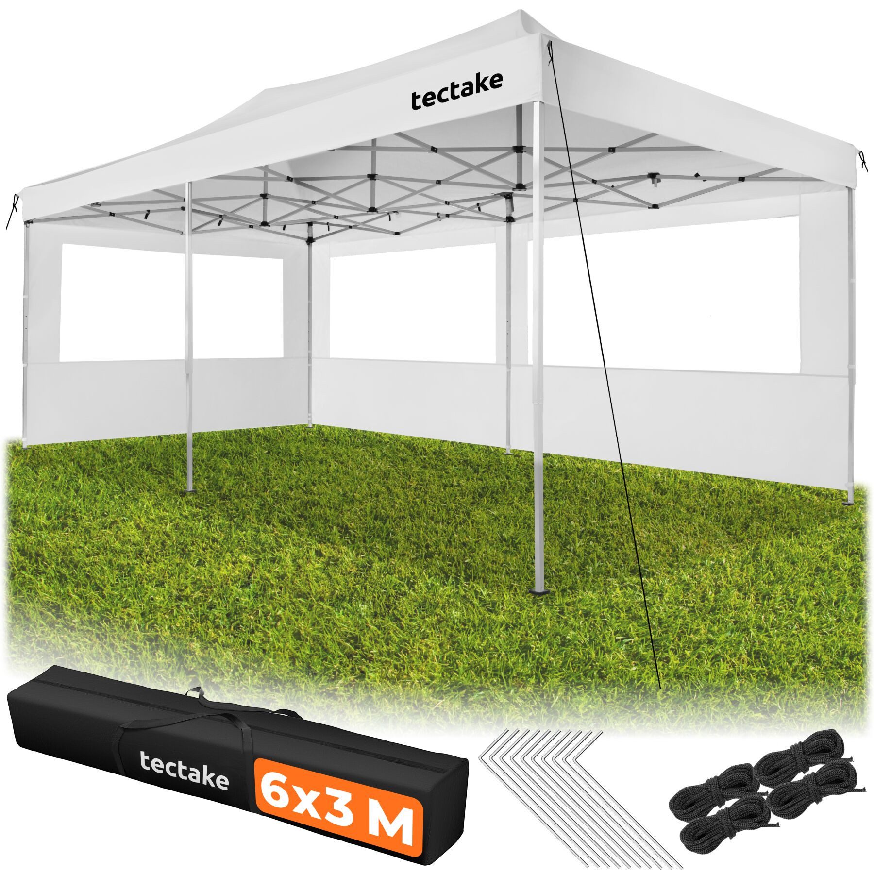 tectake Pavillon Aluminium Faltpavillon, 6 x 3 m, wasserdicht, mit Tragetasche, mit 3 Seitenteilen, (600 x 300 x 316 cm, Komplettset Pavillongestell mit Dachplane & 3 Seitenteilen), 3 Seitenteile mit Fenster