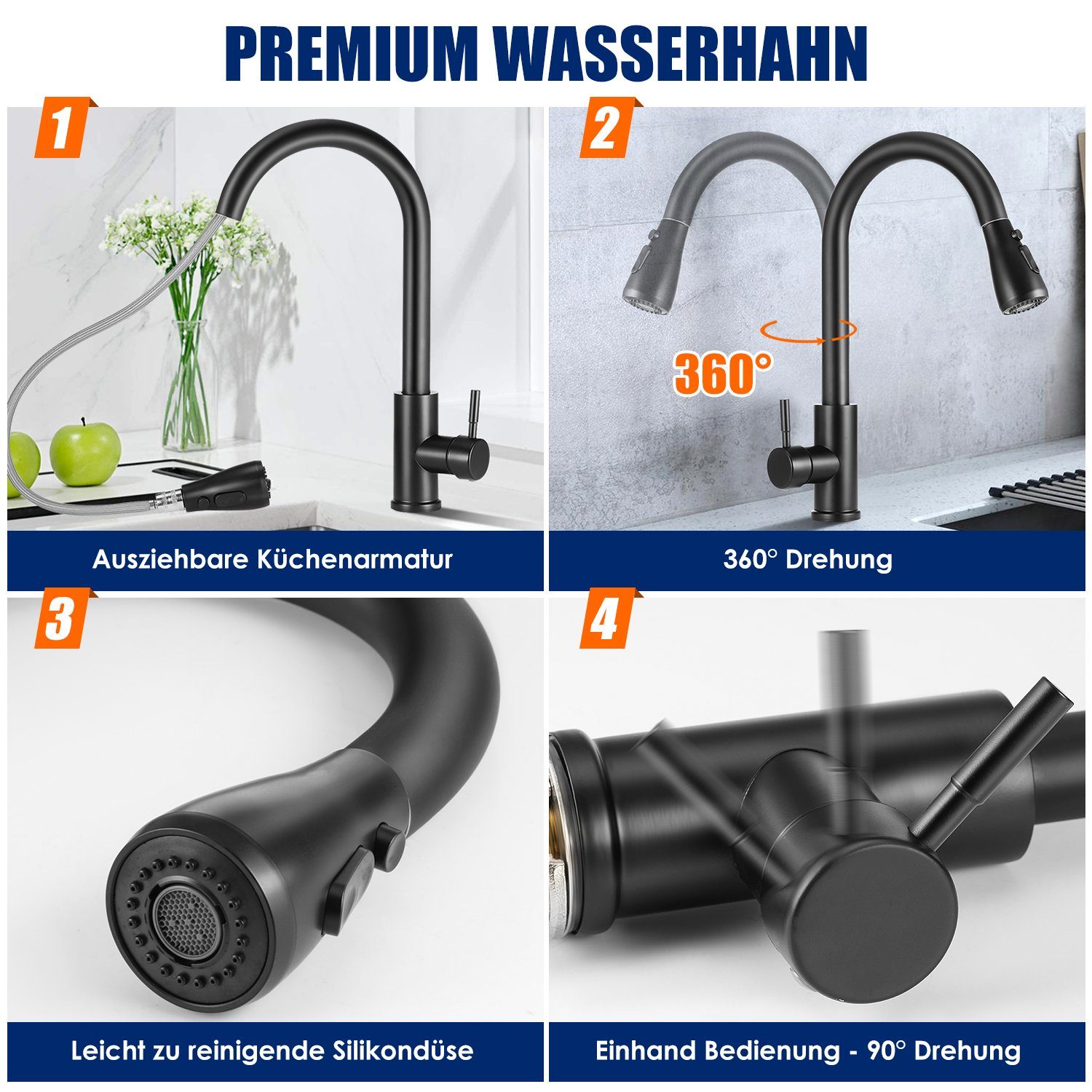 Edelstahl Duschkopf Wasserhahn oyajia mit Lotus Küchenarmatur Küche 360° Bad Schwarz Hochdruck Herausziehbarer, 60cm Küchenarmatur Hochdruckhahn Schwenkbar Ausziehbar, Wasserhahn