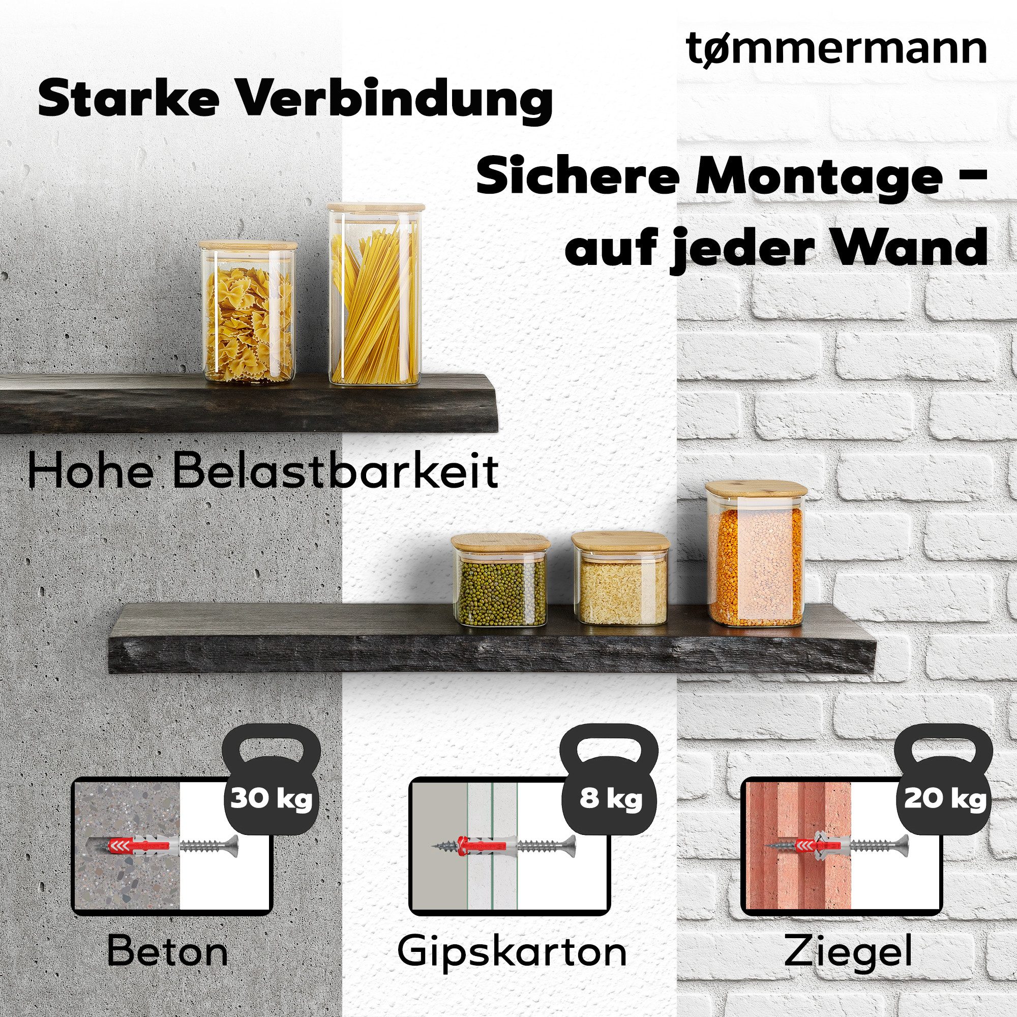 tømmermann Wandregal Schweberegal Holzregal mit Baumkante - Hängeregal aus Massivholz, Komplett-Set – Bild 5 von 5