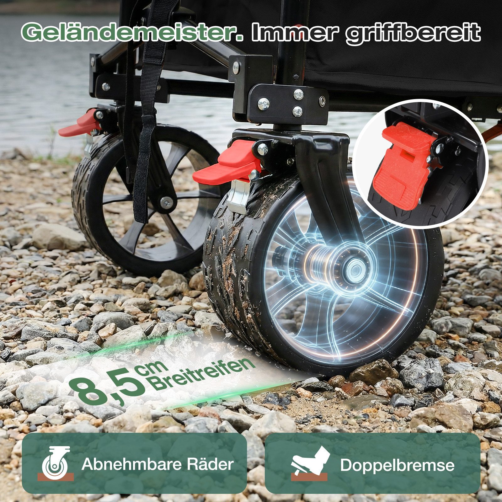 Sekey Bollerwagen 150KG Bollerwagen Faltbar Handwagen mit breiten Reifen Campingwagen, Leichter Faltbollerwagen mit Bremse, Patentiert 4-Wege-Sofortaufbau