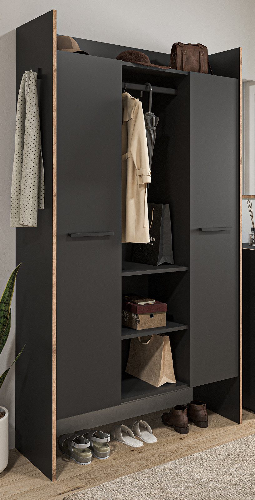 Inn.Furn Kompaktgarderobe Salud (Flurgarderobe in Basalt Grau mit Eiche, 105 x 189 cm) bis zu 12 Paar Schuhe