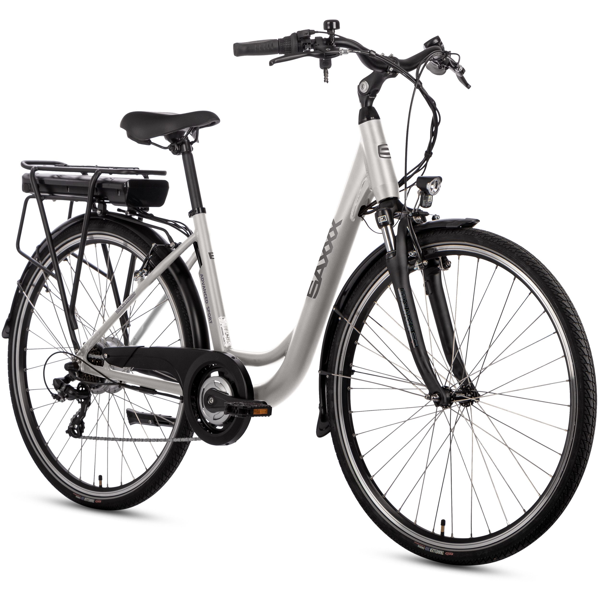 SAXXX E-Bike Cityrad 28'' Damen Herren, Citybike, ASW, 374Wh, max. 90km, 95 % vormontiert, 3 Gang SHIMANO Tourney Schaltwerk, Kettenschaltung, Heckmotor, 374,4 Wh, (mit Gepäckträger, abnehmbarer Akku, mit Tiefeinstieg, Hinterradmotor), Elektrofahrrad, Pedelec E-Citybike, bis 130kg, RH: 45/50 cm